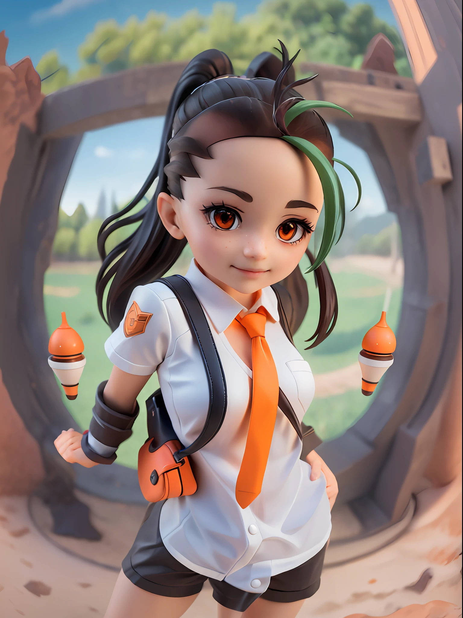 nemona, white collared shirt, (orange necktie), (orange shorts) ,black pantyhose, sneakers ,bag ,black glove,1girl,chibi, [realistic], [3d], (3dcg), ((octane render)), smile, full body
BREAK
(8k, RAW photo, best quality, masterpiece:1.2), ultra high res, (((realistic, photo-realistic))), professional lighting, detailed lighting, professional photography, fisheye, dynamic angle, high quality, high res, extremely detailed, bloom
BREAK
depth of field, sketch, sharp focus, soft lighting, good composition, god light highlight, detailed, (((photorealistic details))), detailed skin, to8contrast style