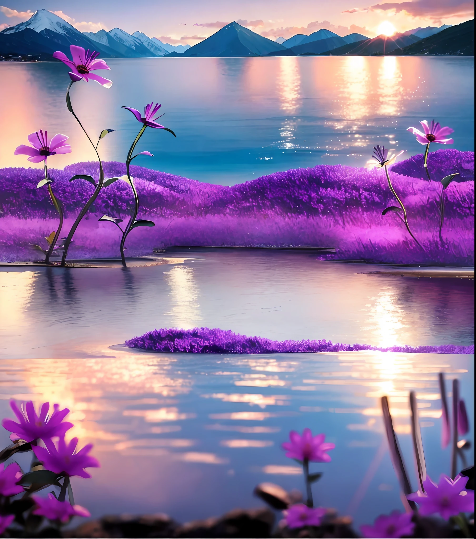 Purple, miniature landscape, flowers and plants, mountains, water
