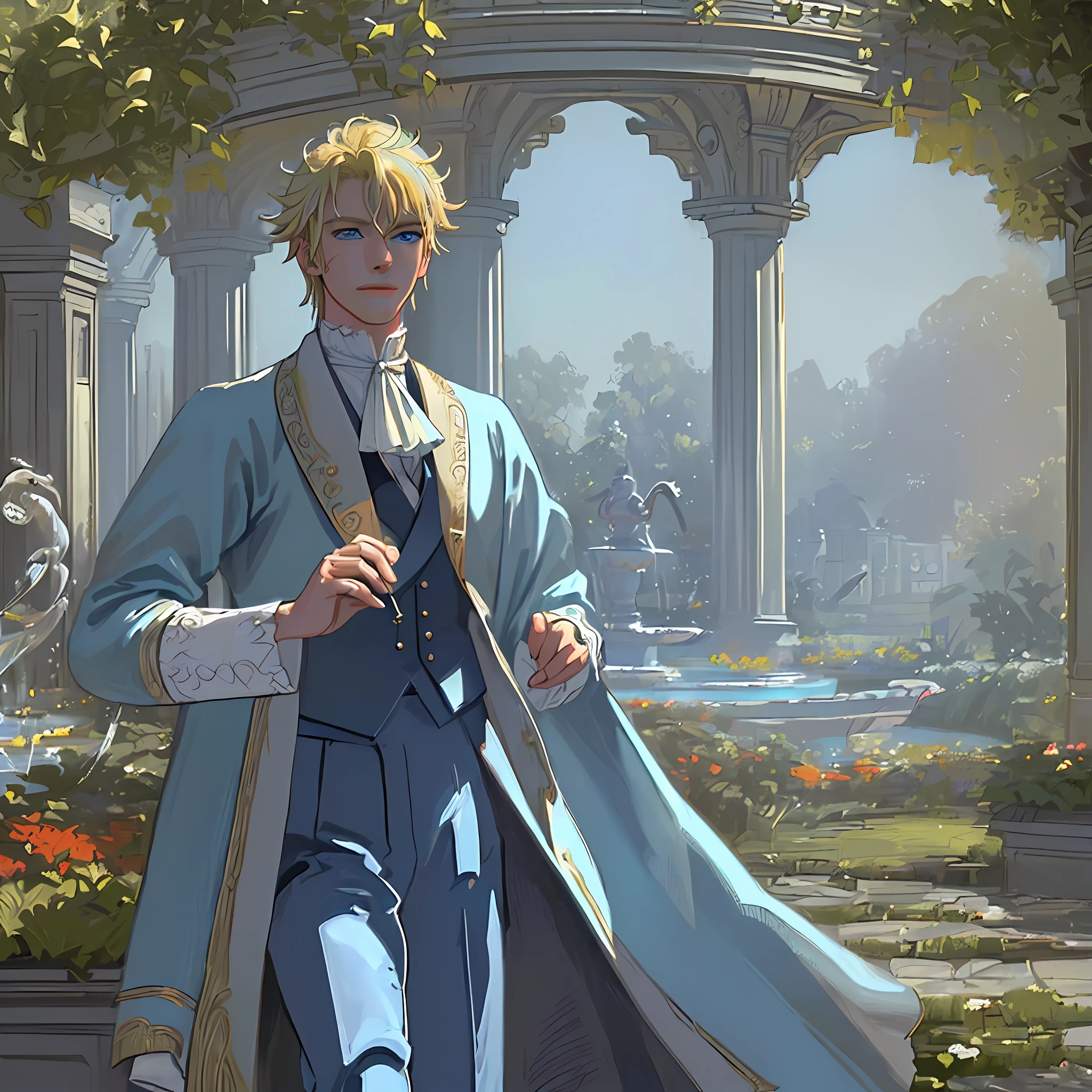 ((((masterpiece)))), (best quality), ((Hyper detailed)), ((High detail)), ((Exquisite detail)), (1 boy), (solo), (cowboy shot), (looking at viewer),((outside)), (((antique))), ((palace)), ((garden)), ((fountain)),
(flower), ((mature male)),((victorian outfit)), ((tall and muscular)), ((whiskermark)), uzumaki naruto, ((blonde hair)), detailed lips, (((prince))), ((blue eyes)), (nobility) , ((long pant)), smile