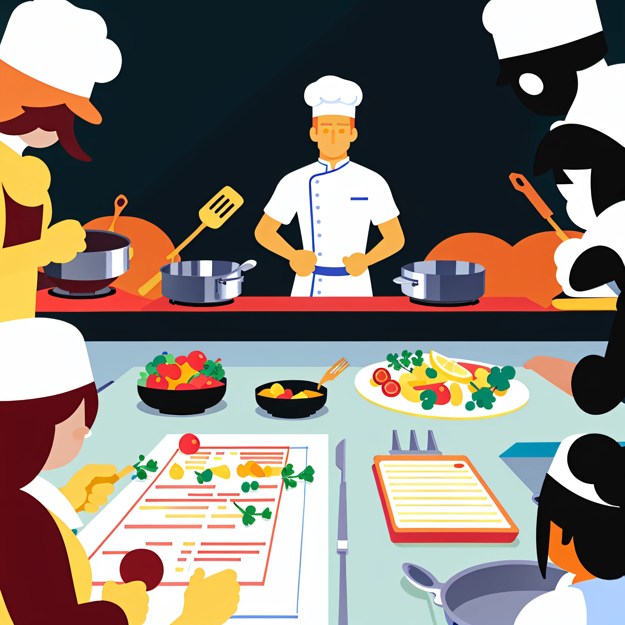A chef cooking in the kitchen, flat illustration, UI illustration, GUI, minimalism, bright color scheme