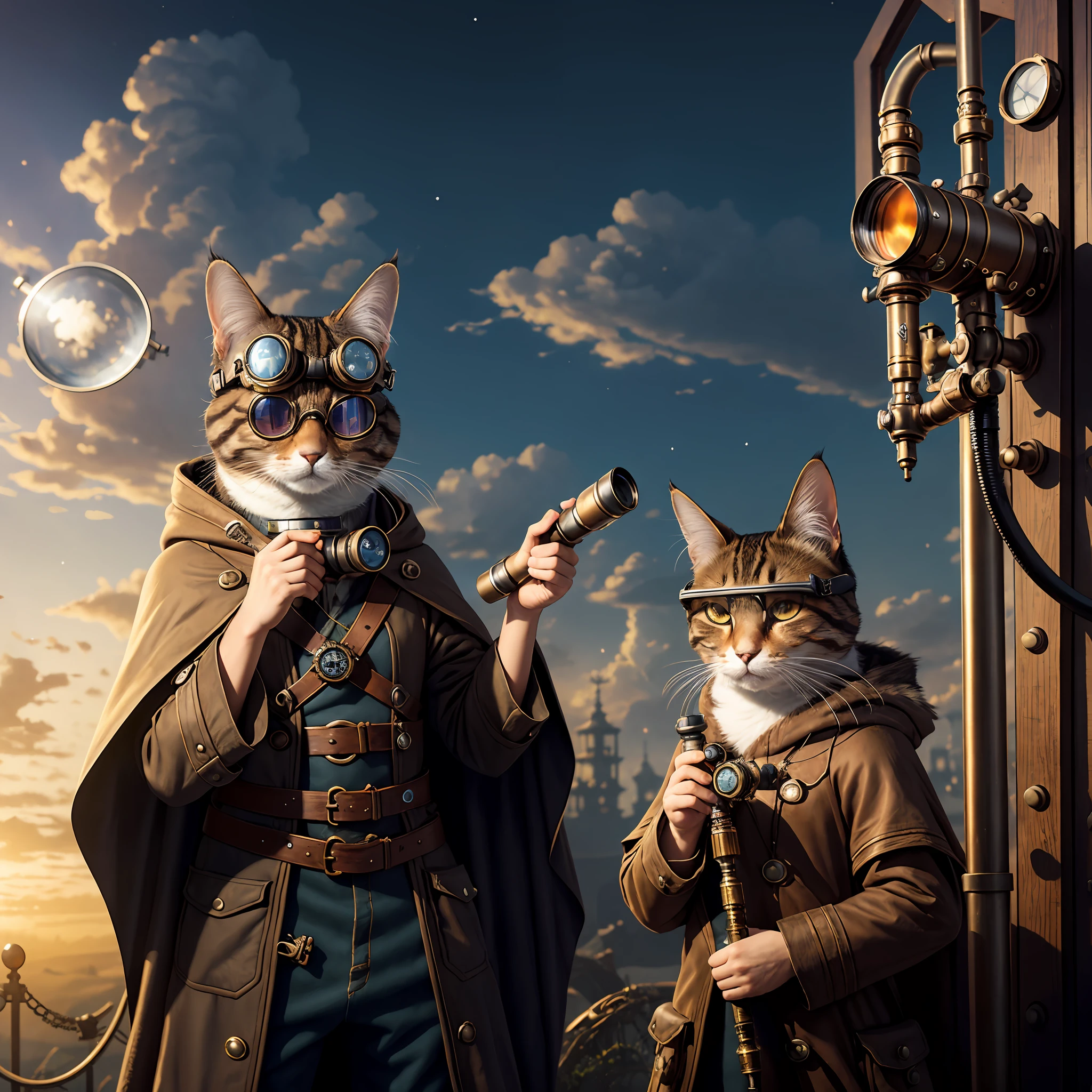 Epic hyperrealistic photo of a cat wearing a cloak and goggles, holding a telescope in hand，looking in a certain direction，in the style of steampunk influences, john wilhelm, bunnycore, realistic yet stylized, charming characters, ratcore