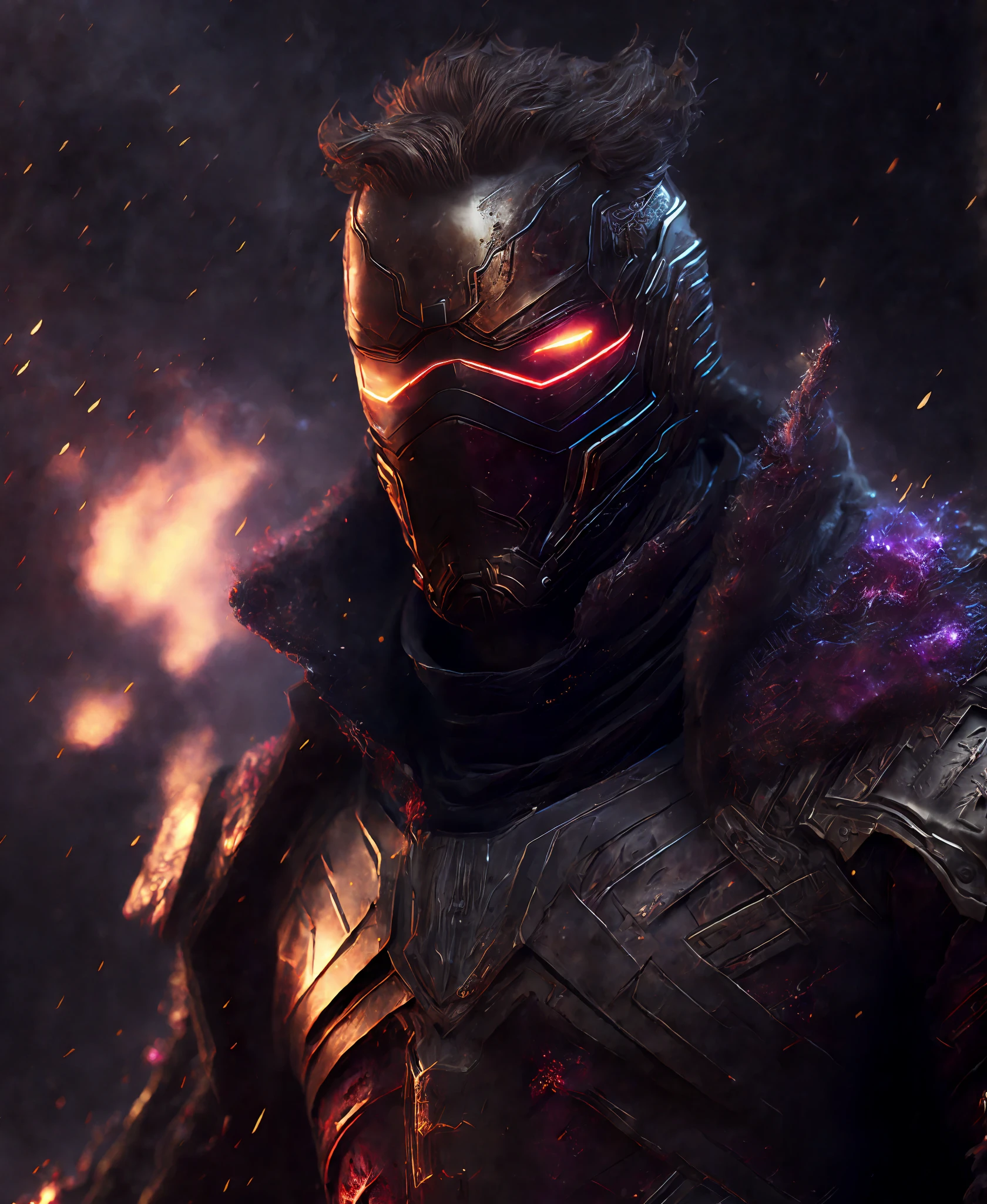 Close-up (Star-Lord from Marvel in Viking style: 1.3) emerging from wet black mud, extremely detailed, smoke, sparks, metal shavings, flying debris, volumetric light