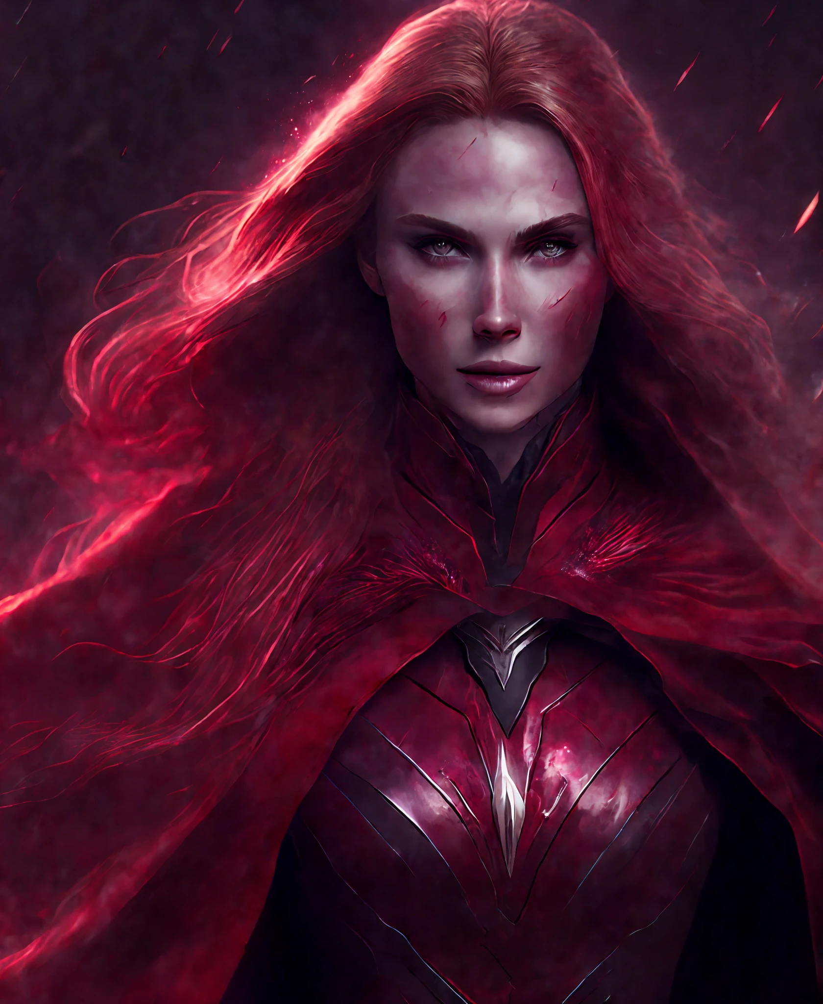 Close-up (Scarlet Witch from Marvel in Viking style: 1.3) emerging from wet black mud, extremely detailed, smoke, sparks, metal shavings, flying debris, volumetric light