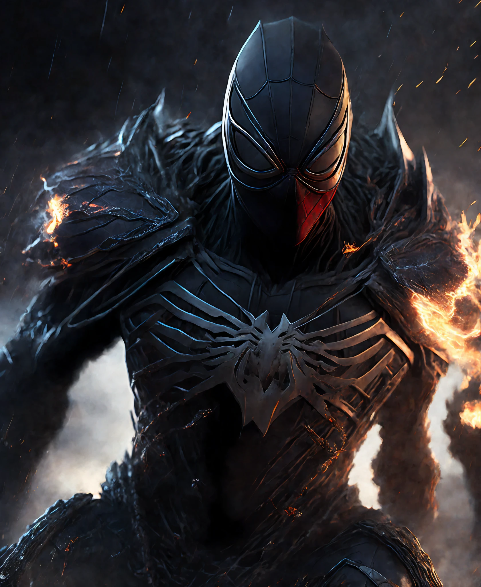 Close-up (Ghost Rider Spider-Man from Marvel in Viking style: 1.3) emerging from wet black mud, extremely detailed, smoke, sparks, metal shavings, flying debris, volumetric light