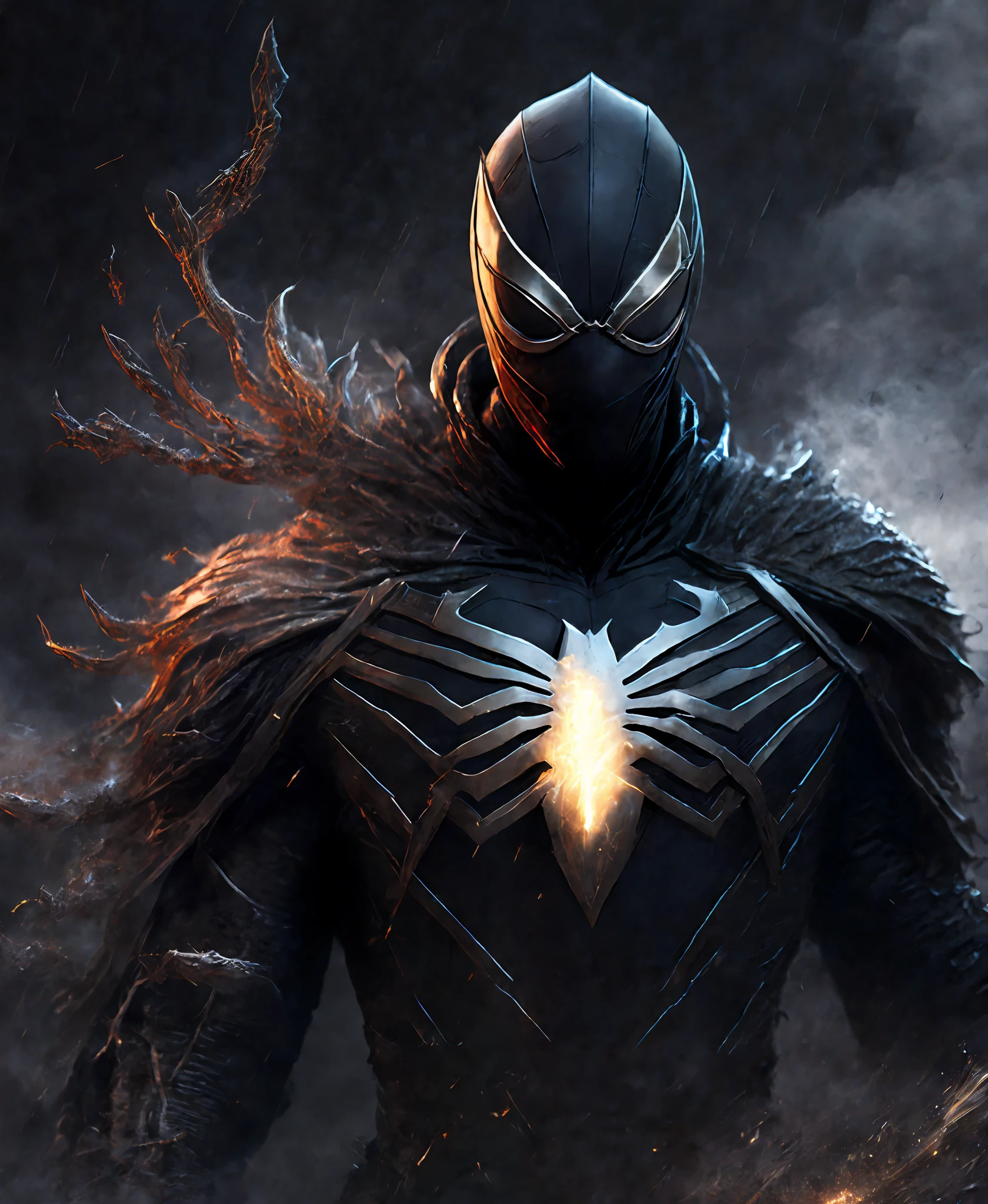 Close-up (Ghost Rider Spider-Man from Marvel in Viking style: 1.3) emerging from wet black mud, extremely detailed, smoke, sparks, metal shavings, flying debris, volumetric light