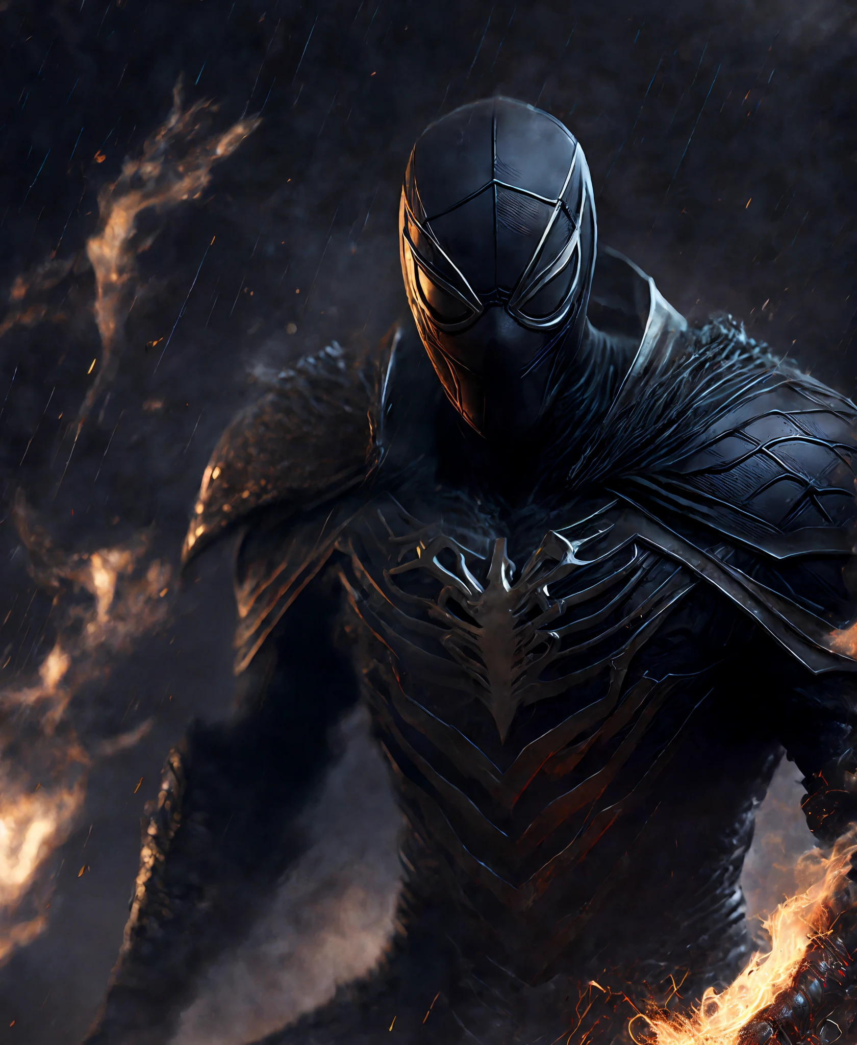 Close-up (Ghost Rider Spider-Man from Marvel in Viking style: 1.3) emerging from wet black mud, extremely detailed, smoke, sparks, metal shavings, flying debris, volumetric light