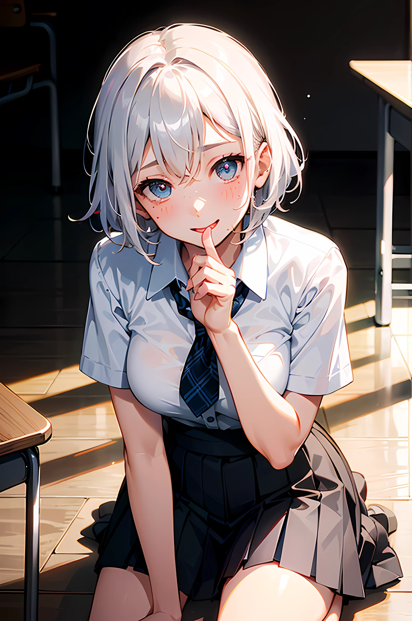 Top Quality, Photorealistic, 8k, High Definition, Surreal Schoolgirl, Solo, 1 Girl, (Very Short Hair), (Skin Dent), (Big Breasts), (Professional Lighting, Bokeh), Yukino Yukinoshita, (Shiny Skin, Wet Skin: 1.2),(Tare-eyed), Wheat-colored Skin, Sweaty, Smile, Watch Viewer, Crawling on All Fours, Uniform, White Shirt, Plaid Skirt, Thighs, Afternoon, classroom, freckles, (looking into the camera), sticking out tongue