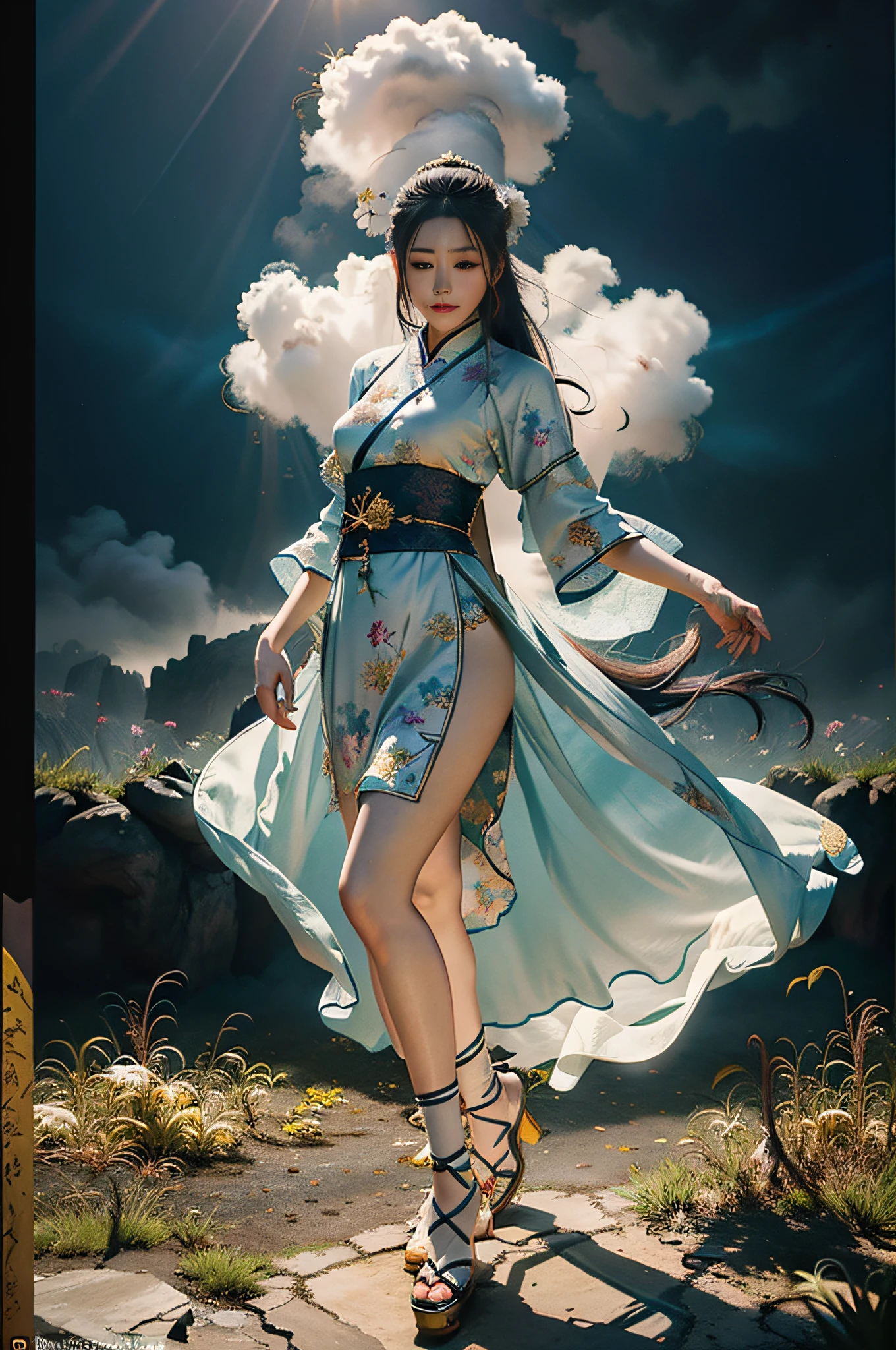 Zhong Fenghua, 1 girl, (full body:1.5) ,solo, hanfu, flower field, blossom, (white smoke:1.3) (realistic:1.4), zen entanglement, mandala, entanglement, official art, unity 8k wallpaper, super detailed, beautiful and beautiful, masterpiece, best quality, (dynamic angle: 1.4), glowing skin, (floating colorful flashes: 1) the most beautiful chaotic forms, elegance, brutalist design, bright colors, romantic depth of field,