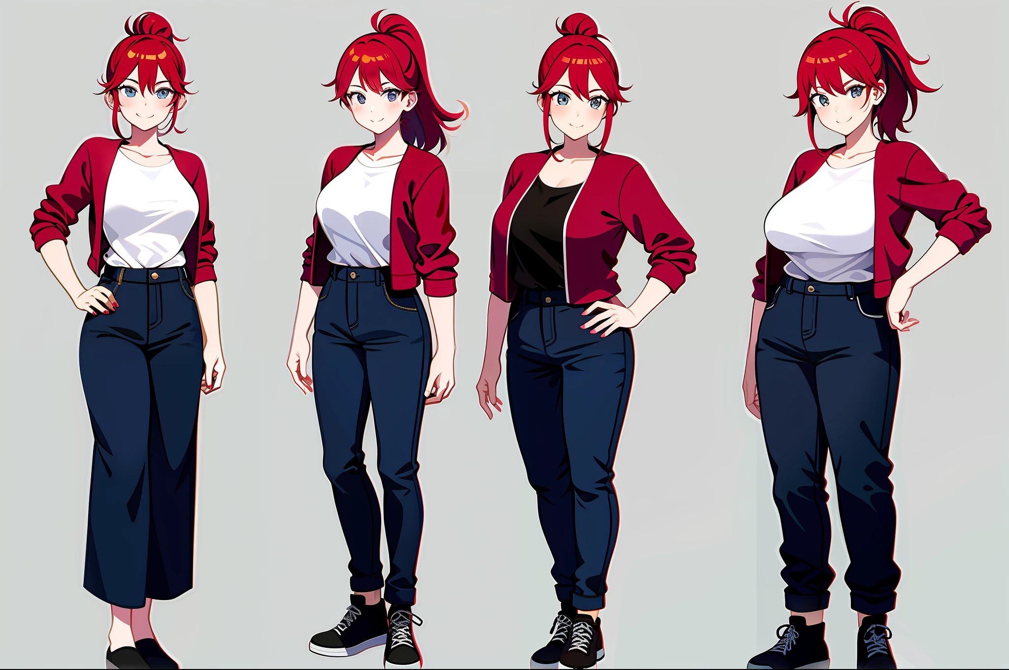 Girl with red hair ponytail tall medium sized breasts casual outfit full body poseing Goofy face