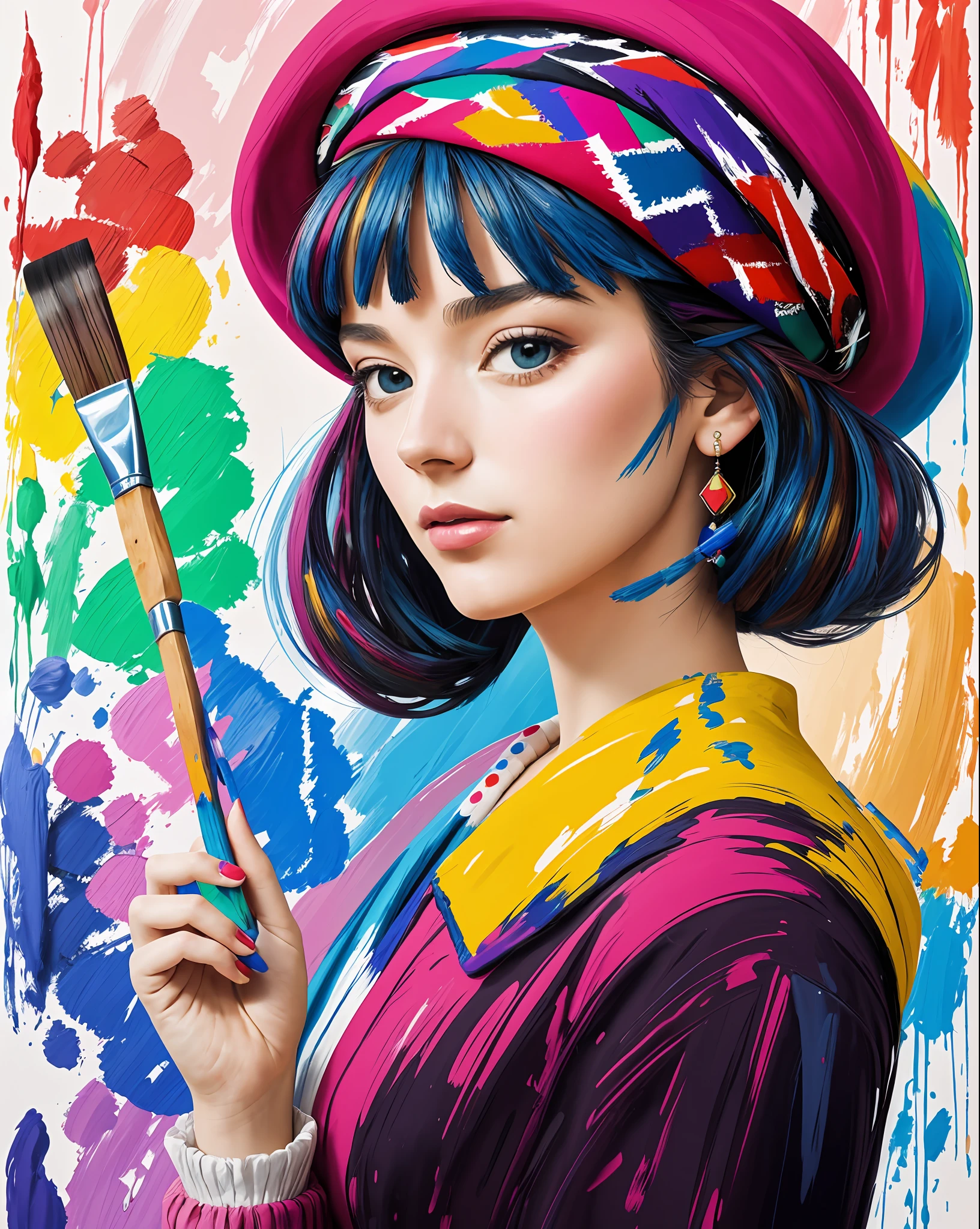 Conceptual art: Create a (colorful)1.1 portrait of (France)1.2 personified as an elegant and sophisticated individual, wearing a (beret)1.3, with a (baguette)1.1 in hand, and surrounded by (paintbrushes)1.1 and (palettes)1.2, symbolizing its rich artistic heritage.