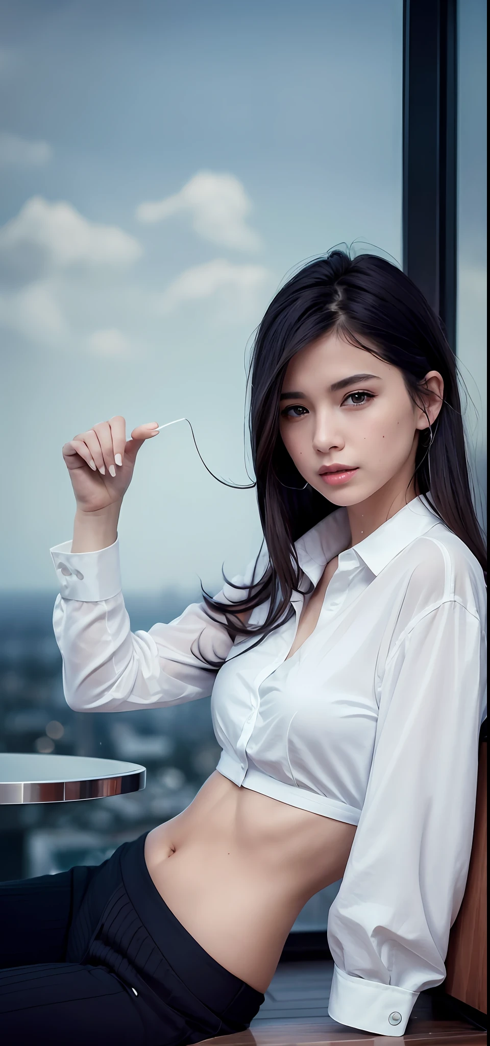 (8k, best quality, masterpiece:1.2), (realistic, photo-realistic:1.37), ultra-detailed, 1 girl, cute, solo, beautiful detailed sky, detailed cafe, night, sitting, dating, (nose blush), (smile:1.15), (closed mouth) small breasts, beautiful detailed eyes, (collared shirt:1.1), night, wet, business attire, rain, white lace, (short hair:1.2), floating hair NovaFrogStyle, ???????,