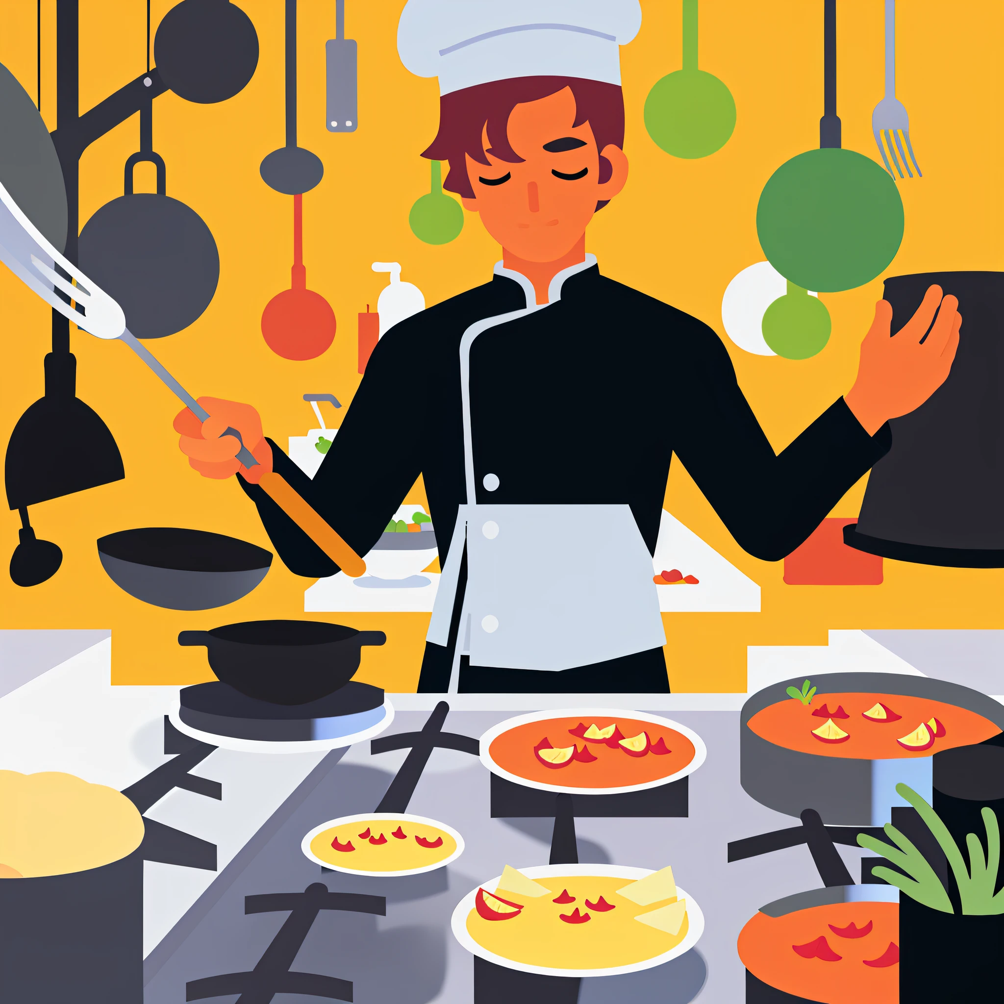 A chef cooking in the kitchen, flat illustration, UI illustration, GUI, minimalism, bright color scheme