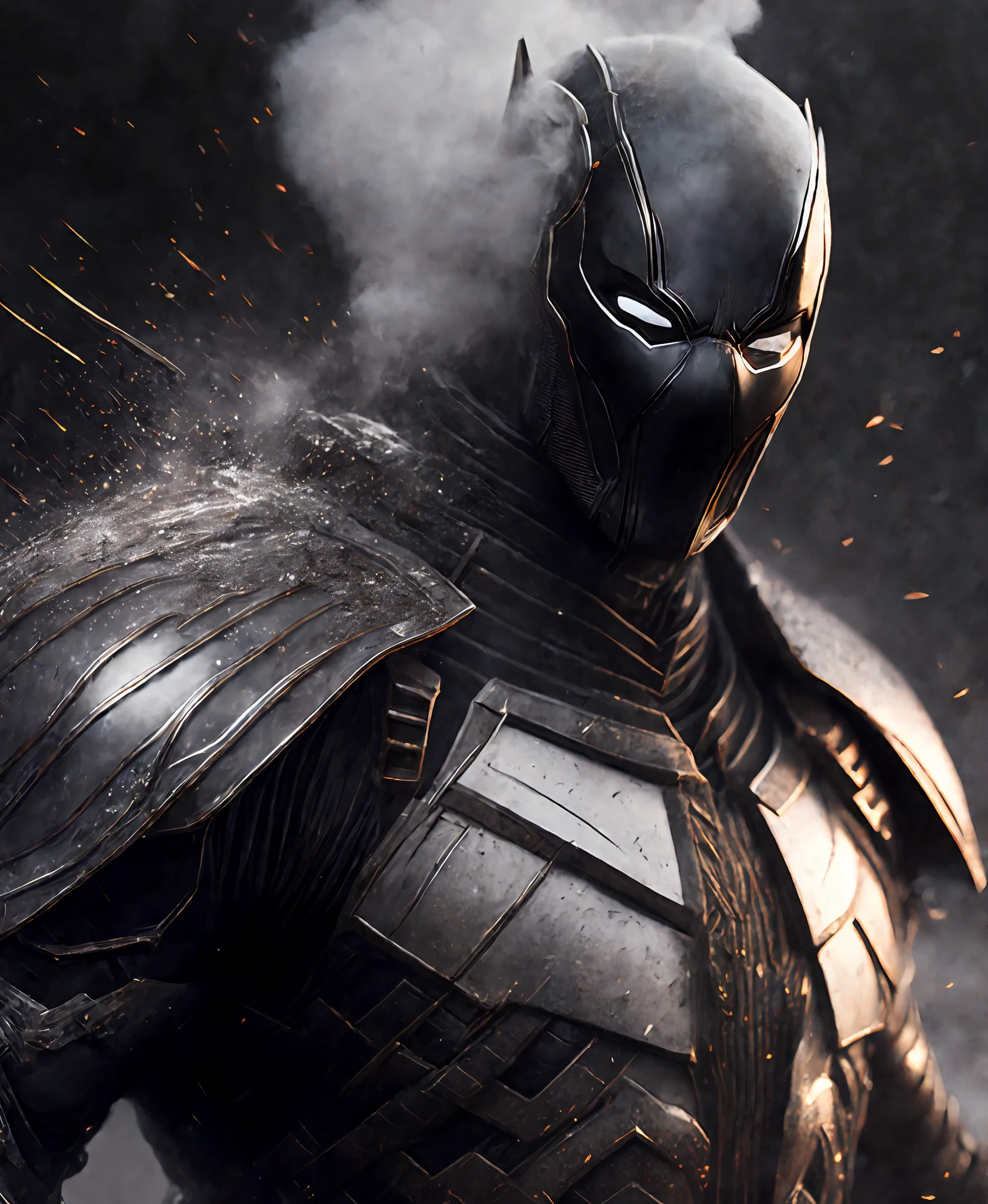 Close-up (White Deadpool from Marvel in Viking style: 1.3) emerging from wet black mud, extremely detailed, smoke, sparks, metal shavings, flying debris, volumetric light