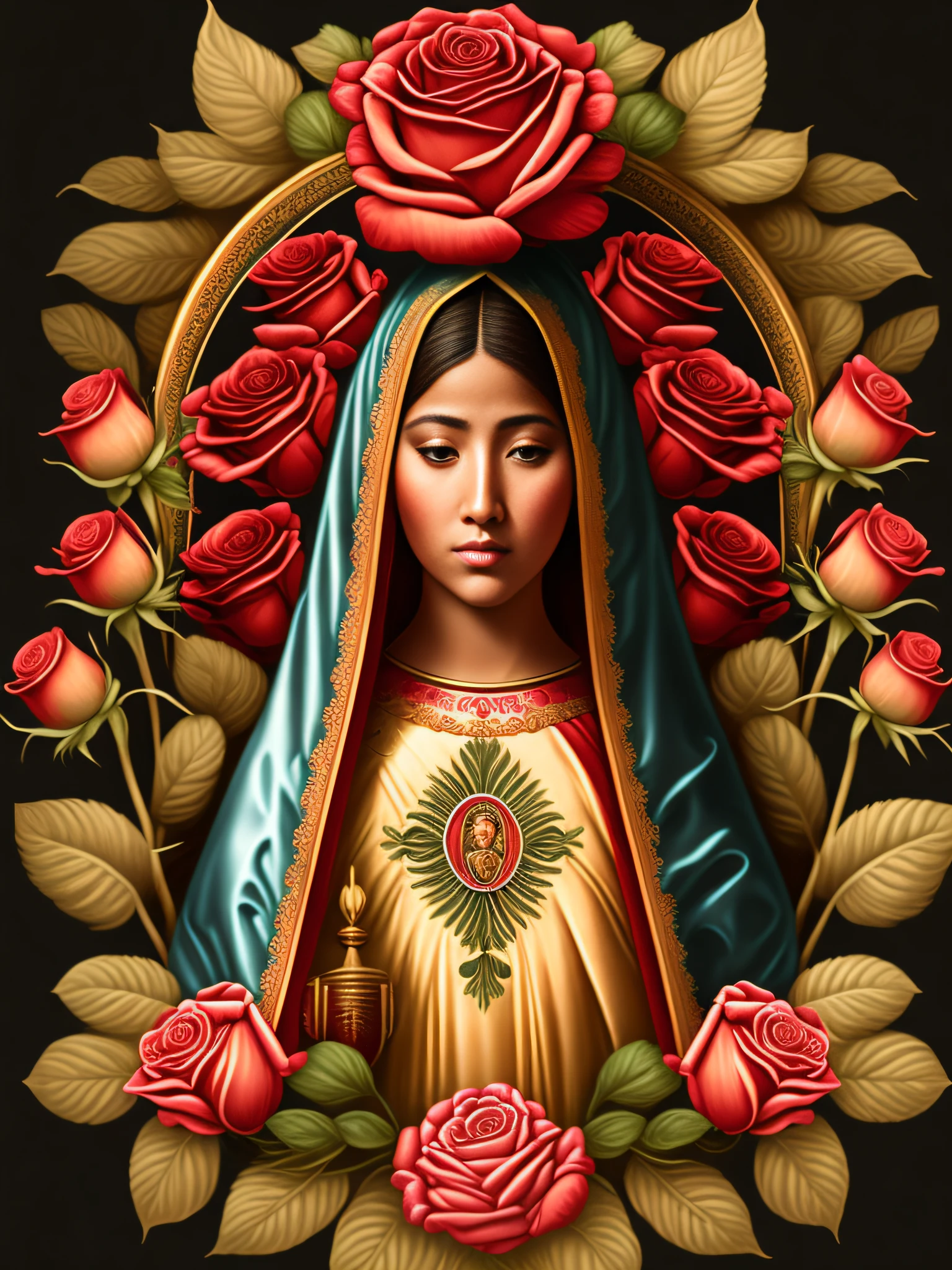 T-shirt design, Our Lady of Guadalupe, symmetrical, large roses symmetrically arranged on both sides,