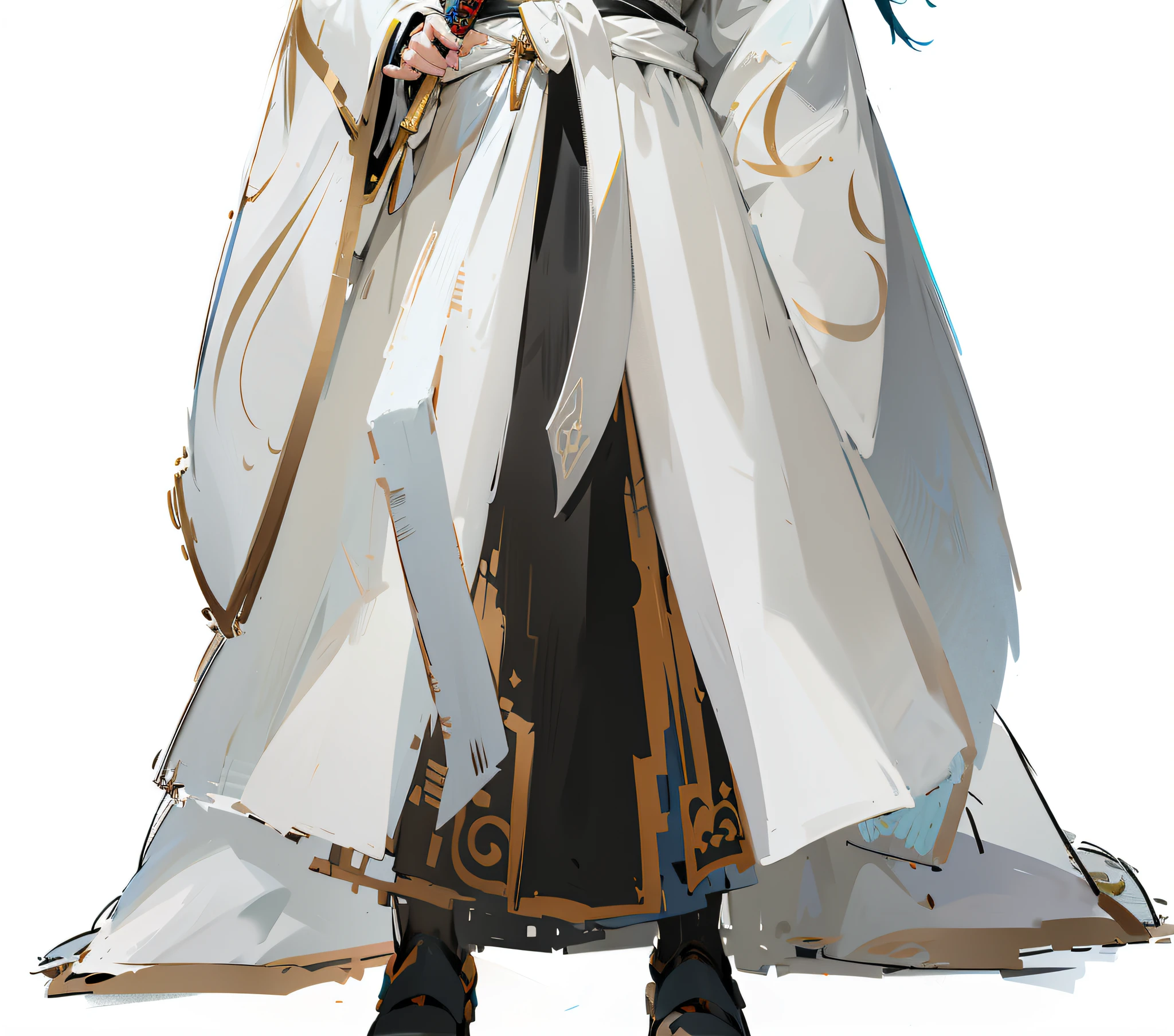 Anime characters dressed in white and black clothes holding swords, white cloak, Onmyoji detailed art, very long white cloak, long white cloak, flowing white robe, full body fairy, from Genshin Impact's middle departure, ((character concept art)), produced by Anime Painter Studio, official character art, by Yang J, from Ark Night, masterpiece, masterpiece, 3D modeling, exquisite detail portrayal, three-dimensional,