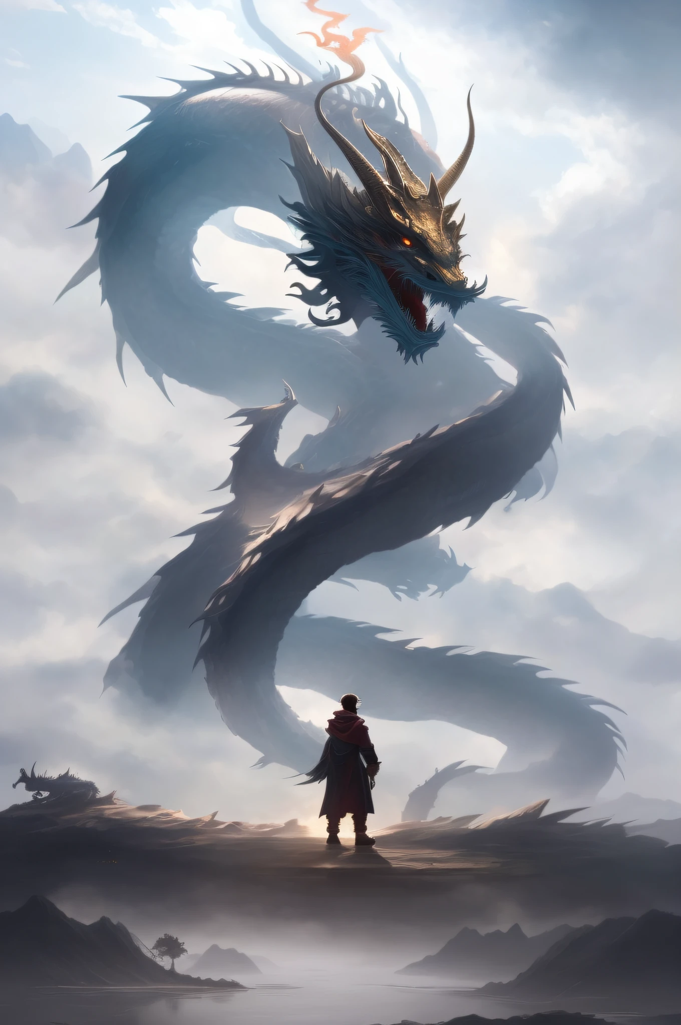 there is a man standing on a hill with a dragon on it, man with the soul of a dragon, dragon in the background, by Yang J, dragon art, chinese dragon concept art, a dragon made of clouds, god of dragons, by Bayard Wu, i just saw a huge dragon, by Ren Xiong, colossal dragon in background