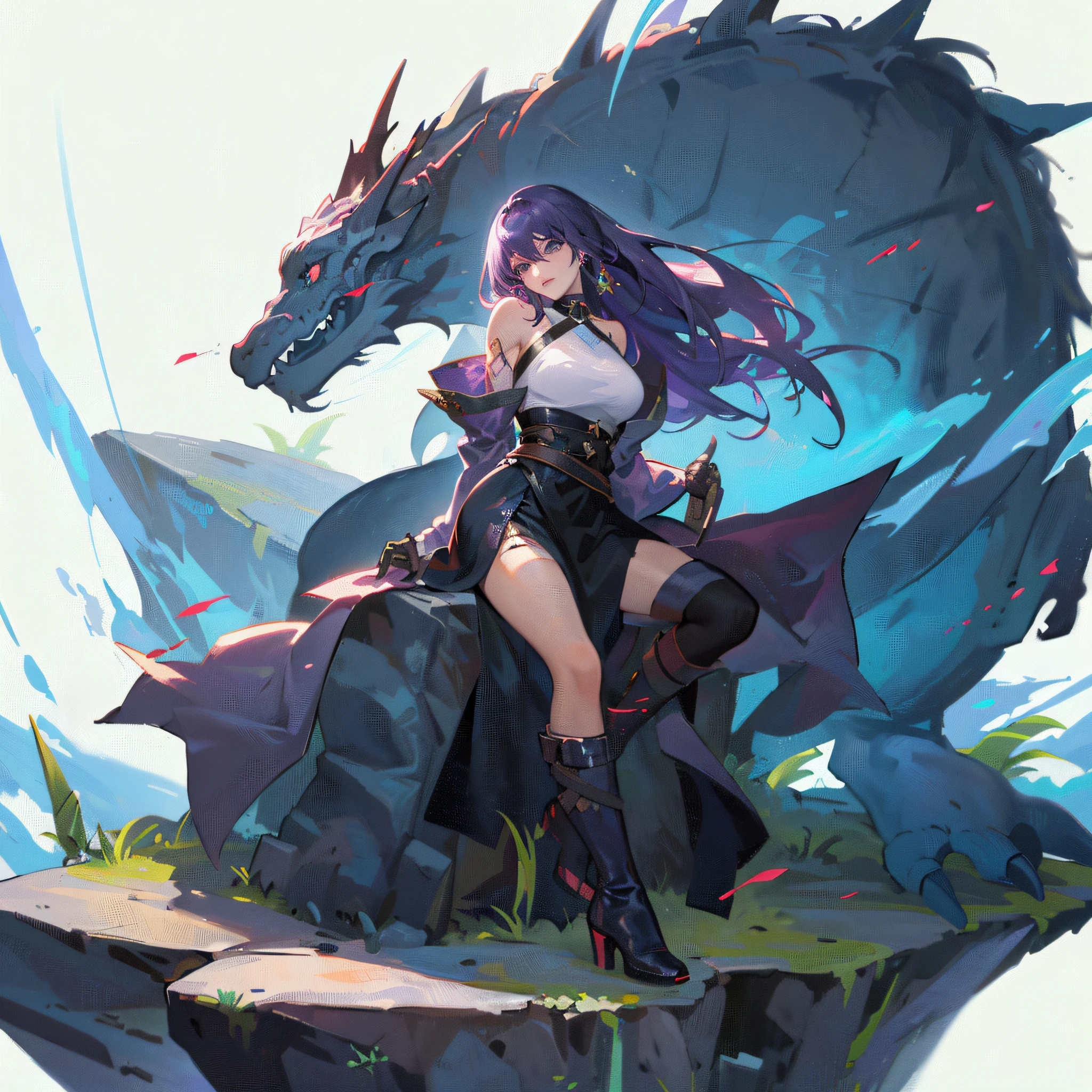 anime girl with purple hair and black boots sitting on a rock, dragon girl, by Yang J, fantasy art style, badass anime 8 k, anime fantasy illustration, epic anime style, anime fantasy artwork, 2. 5 d cgi anime fantasy artwork, anime style 4 k, anime in fantasy style, trending on artstation pixiv