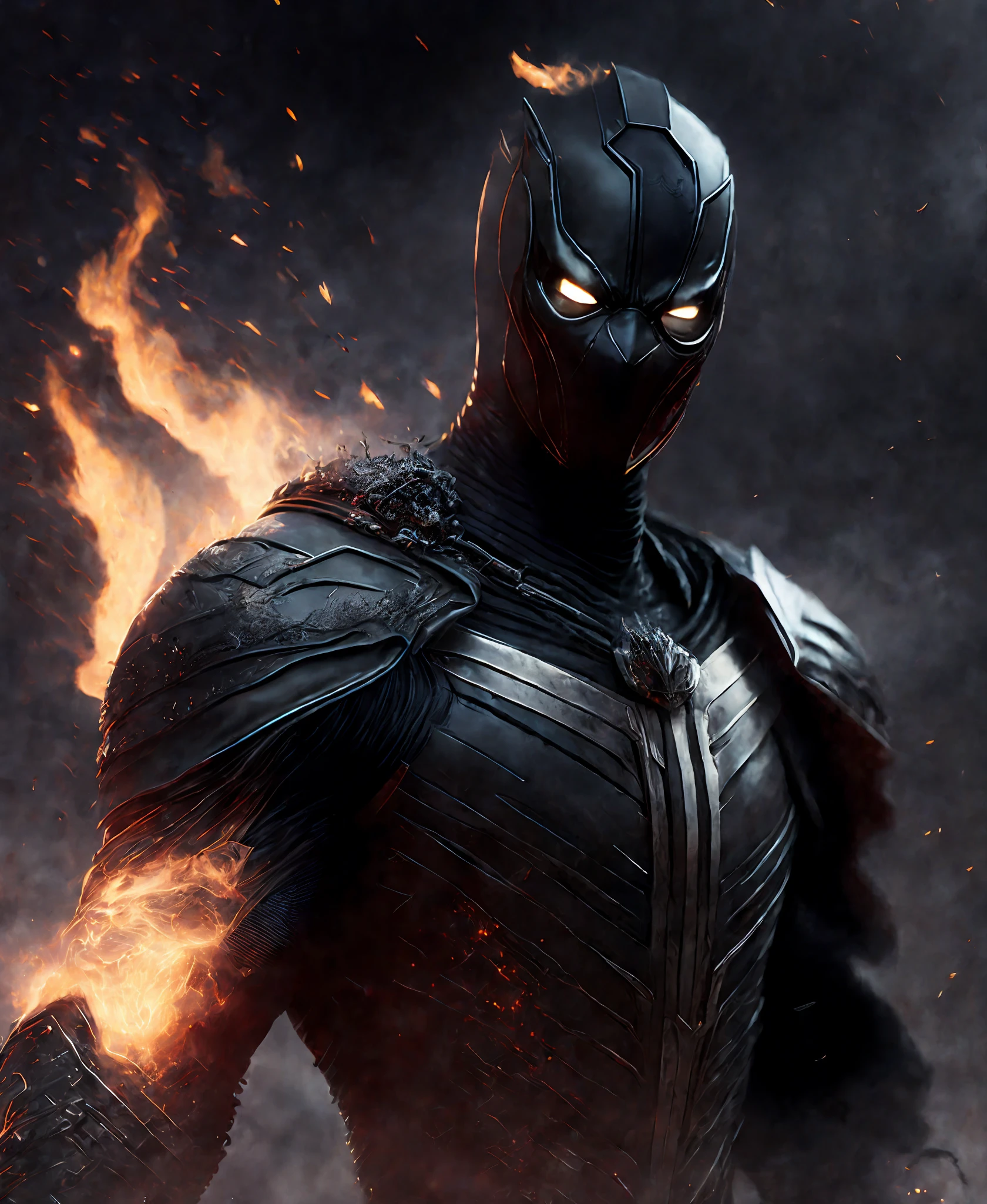 Close-up (Ghost Rider Deadpool from Marvel in Viking style: 1.3) emerging from wet black mud, extremely detailed, smoke, sparks, metal shavings, flying debris, volumetric light