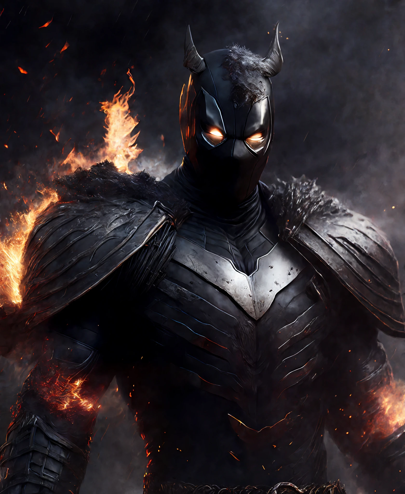 Close-up (Ghost Rider Deadpool from Marvel in Viking style: 1.3) emerging from wet black mud, extremely detailed, smoke, sparks, metal shavings, flying debris, volumetric light