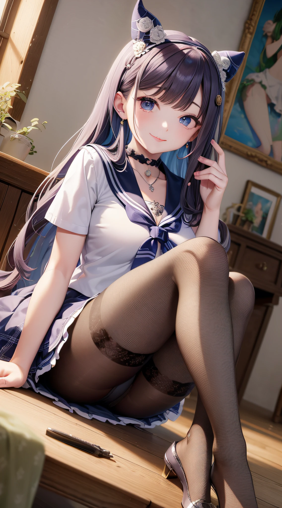 wet, loli, solo, dynamic angle, smile, green eyes, long hair, violet hair, , blunt bangs, ((curvy,sexy)), thighs, beautiful and detailed girl, extremely detailed eyes and face, beautiful delicate eyes, detailed light, cinematic lighting, lens flare, light leakage, sunlight, shine, beautiful detail light, ridiculous, incredibly ridiculous, huge file size, super detailed, super detailed, super detailed, high resolution, very detailed, plaid skirt, twntails, , leather shoes, necklace, headband, earrings , best quality, masterpiece, Illustrations, extremely delicate beauty, very detailed, CG, solidarity, 8k wallpaper, amazing, fine details, masterpiece, best quality, official art, extremely detailed CG Unity 8k wallpaper, ((sailor shirt)), (pantyhose), ((sitting)), , bed, detailed clothes, slim legs, looking at the audience, smiling, best quality, masterpiece, 1 girl, sole, High resolution, original, extremely detailed 8K wallpaper, an extremely delicate beautiful girl, beautiful and delicate eyes, (), cleavage