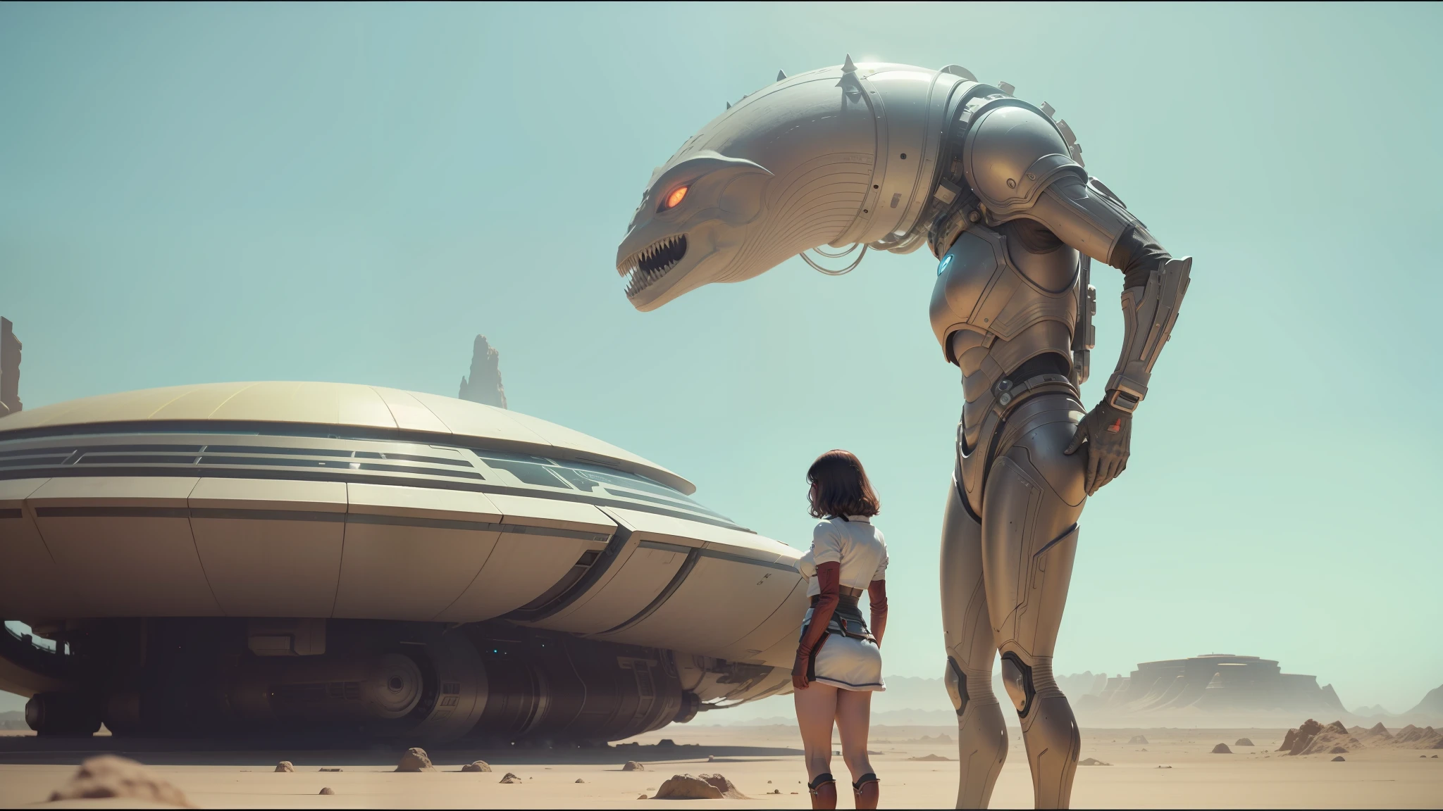 there is a woman standing next to a giant alien creature, movie still of the alien girl, depicted as a scifi scene, from a 2 0 1 9 sci fi 8 k movie, still from a music video, still from movie dune, highly detailed surreal vfx, fantasy and cosmic horror movie, cgsociety 9, grotesque large alien, sci-fi cinematic movie still --auto --s2