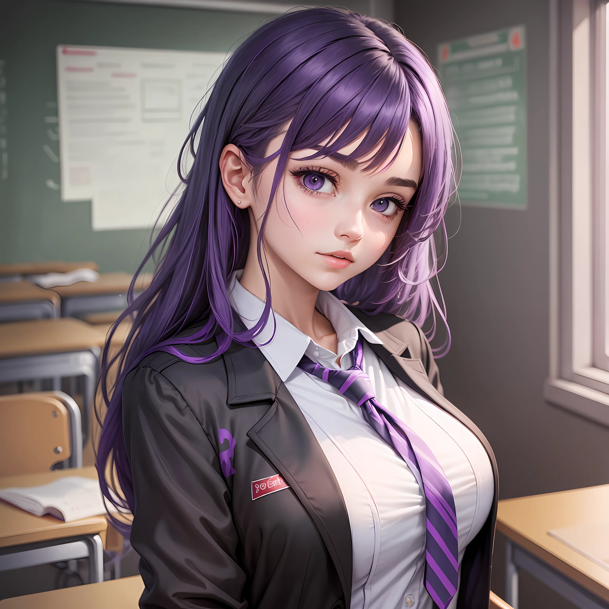 Woman, medium breasts, high school clothes, inside the classroom, purple hair, black eyes