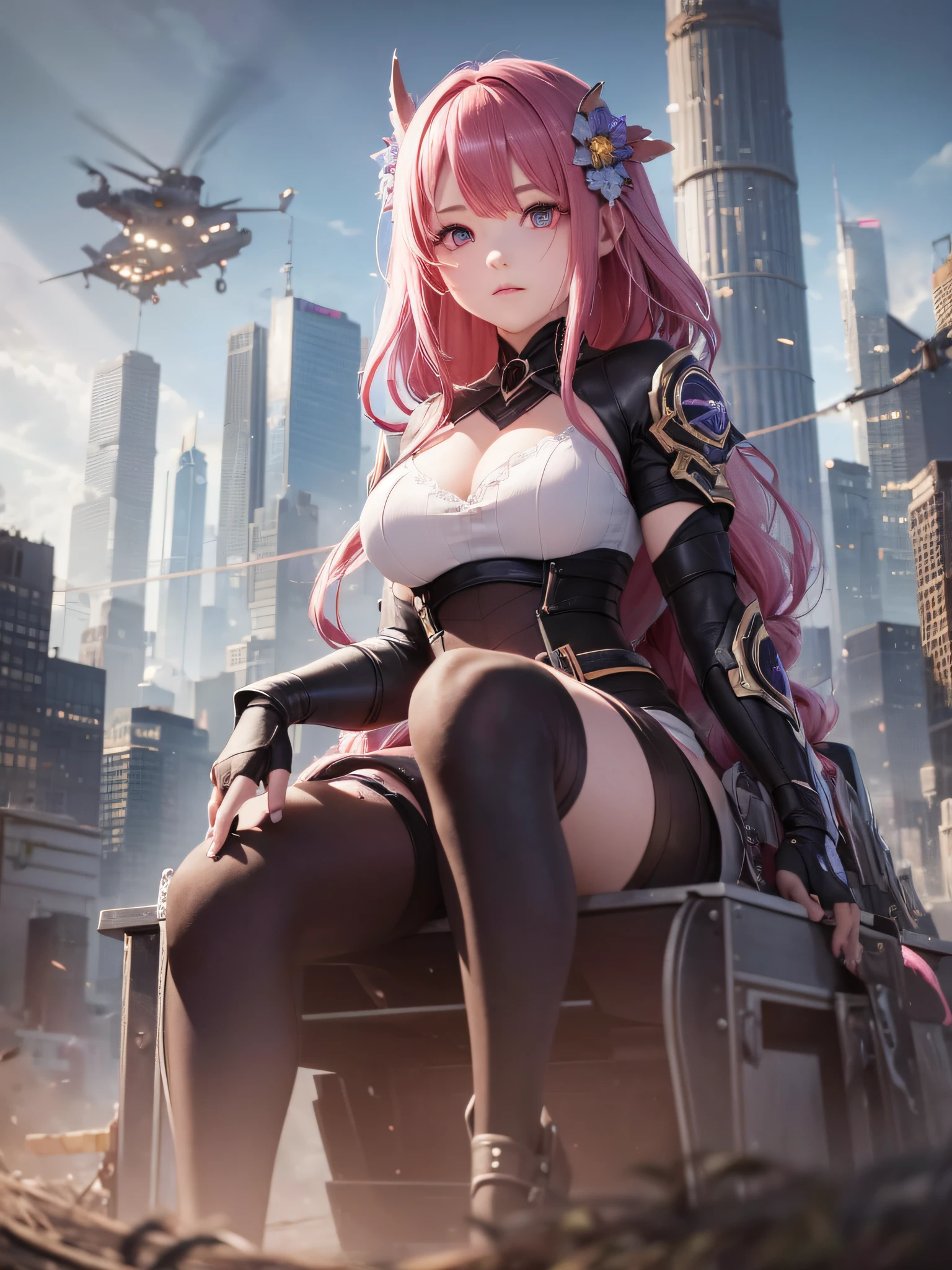 1 girl, In a wheelchair, Destroyed cities, pink hair, long hair, mole under eye, glowing eyes, gloom (expression), god rays, cinematic lighting, UHD, masterpiece, high details, high quality, highres, 8k --auto --s2