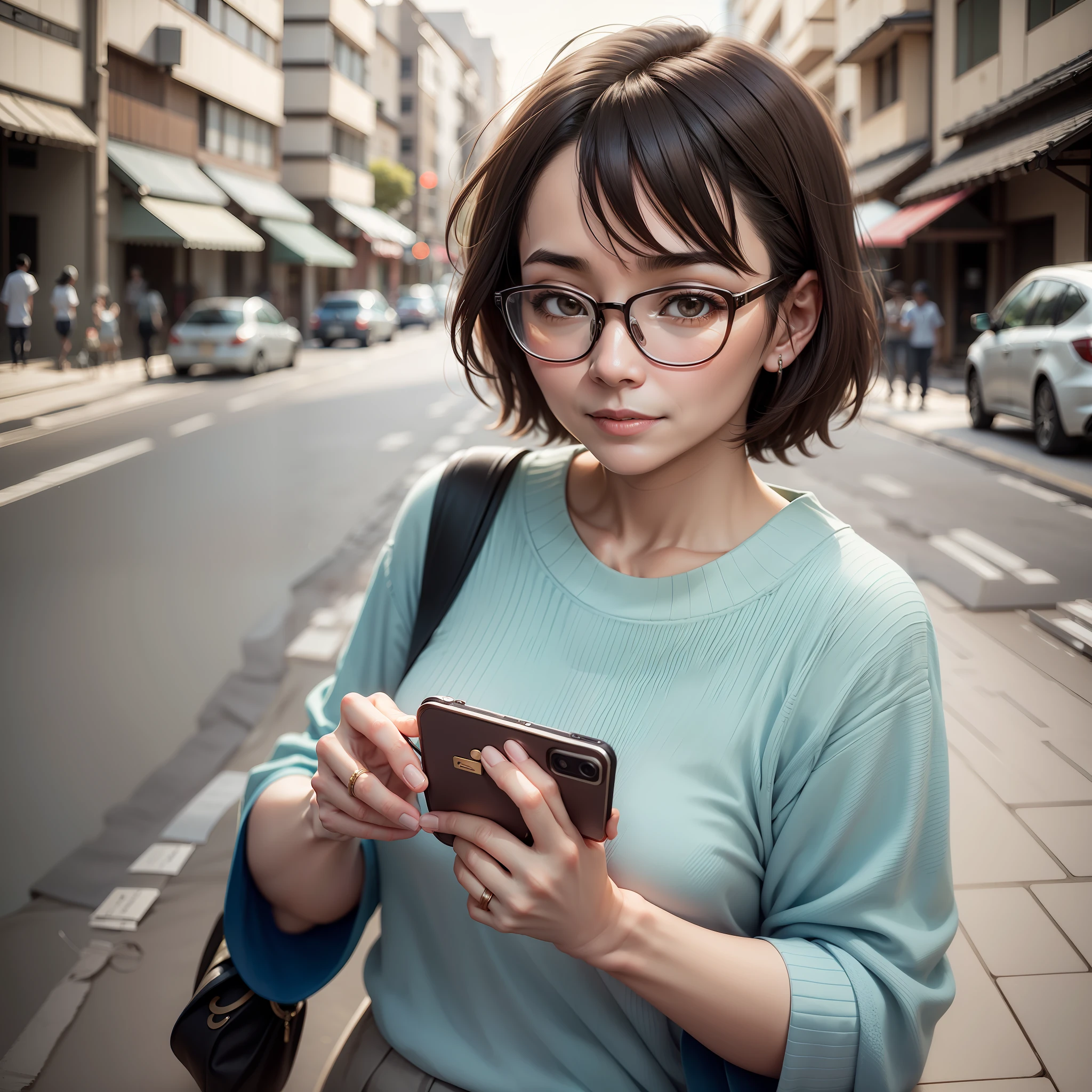 À la Fed woman with glasses on her face, clear cute face, woman with glasses, woman with square glasses, (((glasses)), 8k selfie, 50 year old woman with short hair Japan people