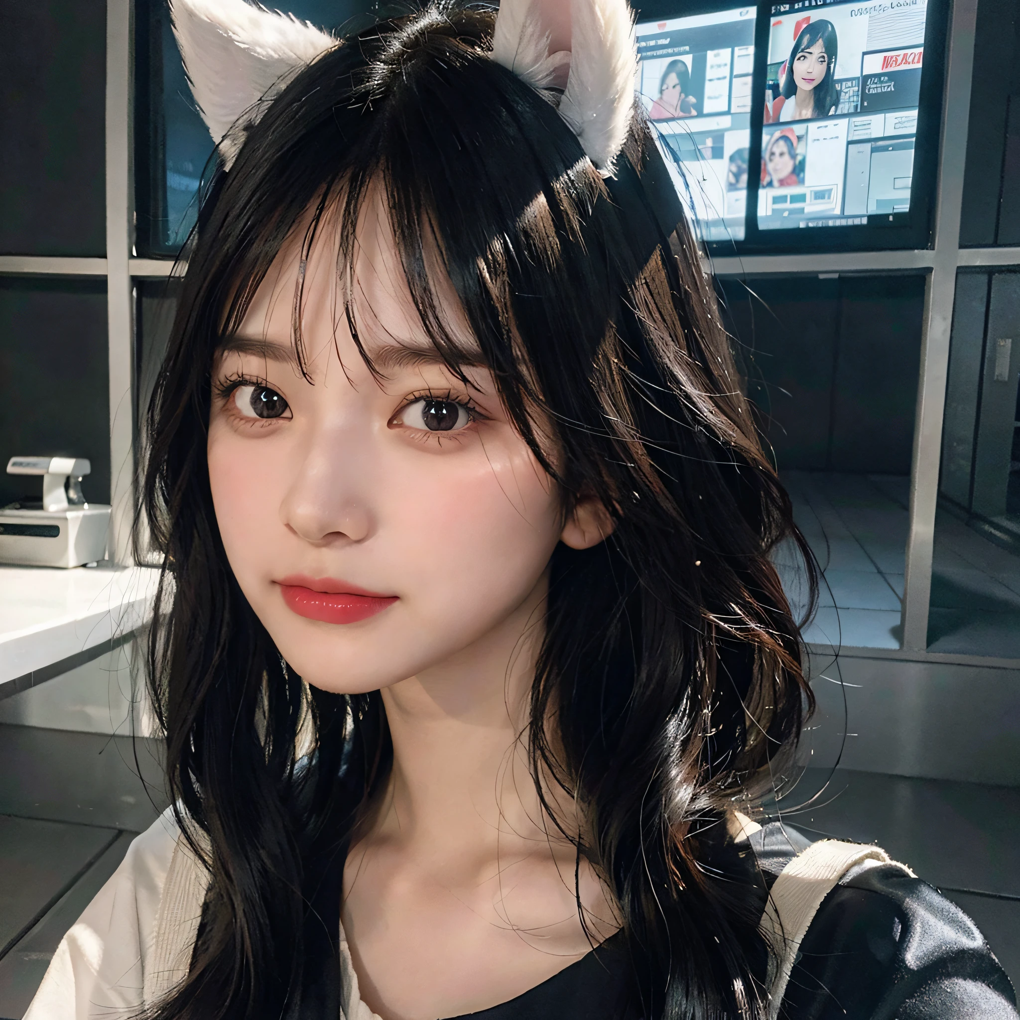 black hair, Issuing, frown, long eyelashes, solid circlqualitye eyes, Fake animal ears, Slight smile, Redness of the ears, bucktooth, hyperrealistc, Drop shadows, Stereoscopic images, Stereoscopic images, visual angle, atmospheric perspectiv, Ultra Detailed, accurate, best qua4lity, upperl body, Tachi-e, 8k