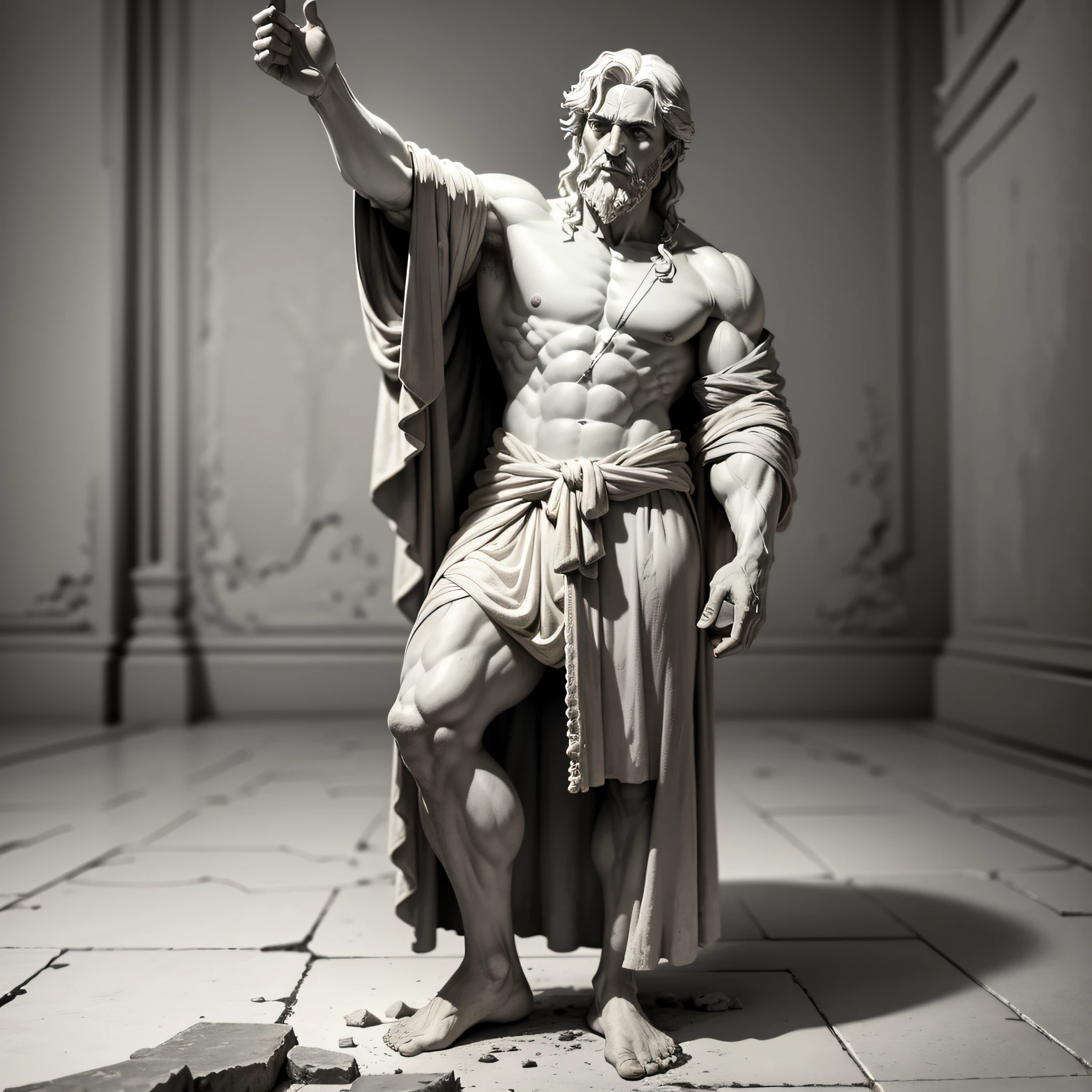 A hyper-realistic marble statue of a man wearing a robe, one arm raised, another arm resting his hand on his waist, (1/1 view), very old and ancient dust, and his facial expressions demonstrate deep coldness and overconfidence. Against the background dark scenery, block on the floor broken and old, insane details, low contrast (((full body)))), (centered), totally dark sky, the colors are muted and faded, to emphasize the seriousness of the scene --auto --s2