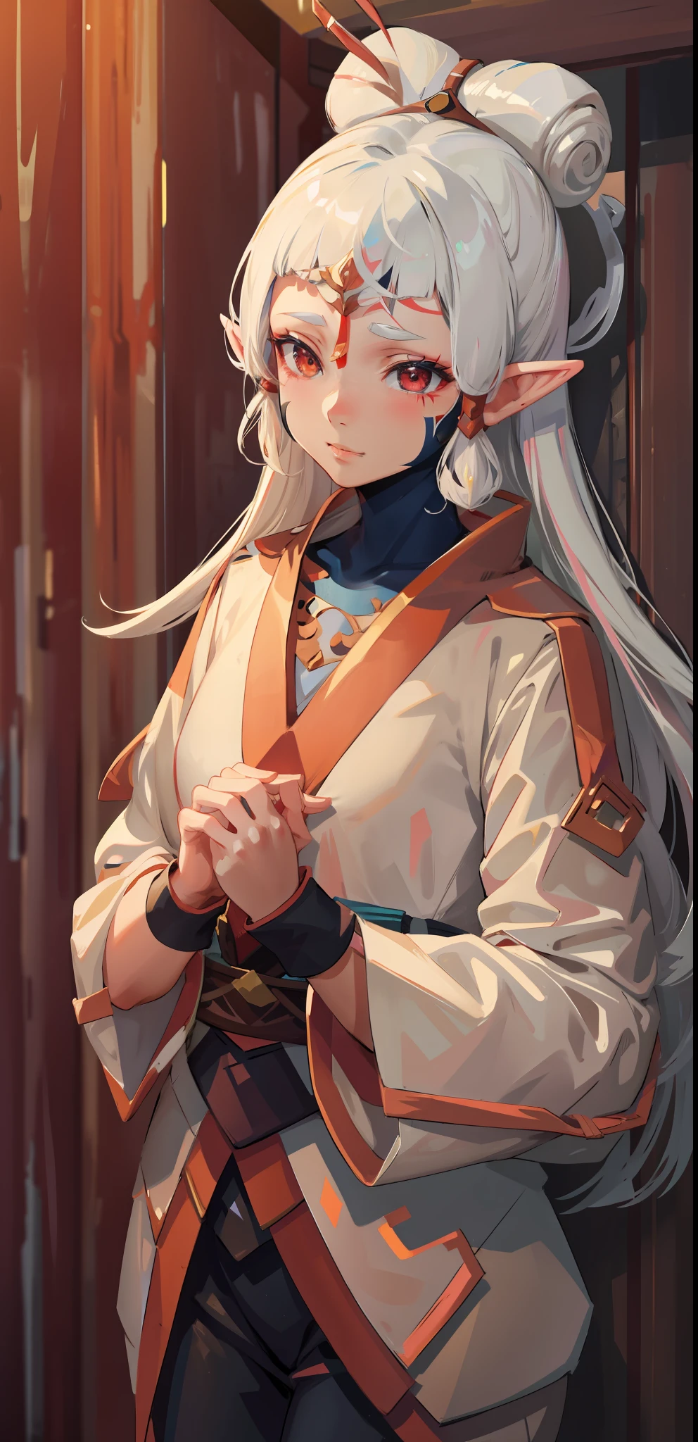 ((masterpiece)), (best quality), (detailed), 1girl, paya, long white hair, pointy ears, facial mark,