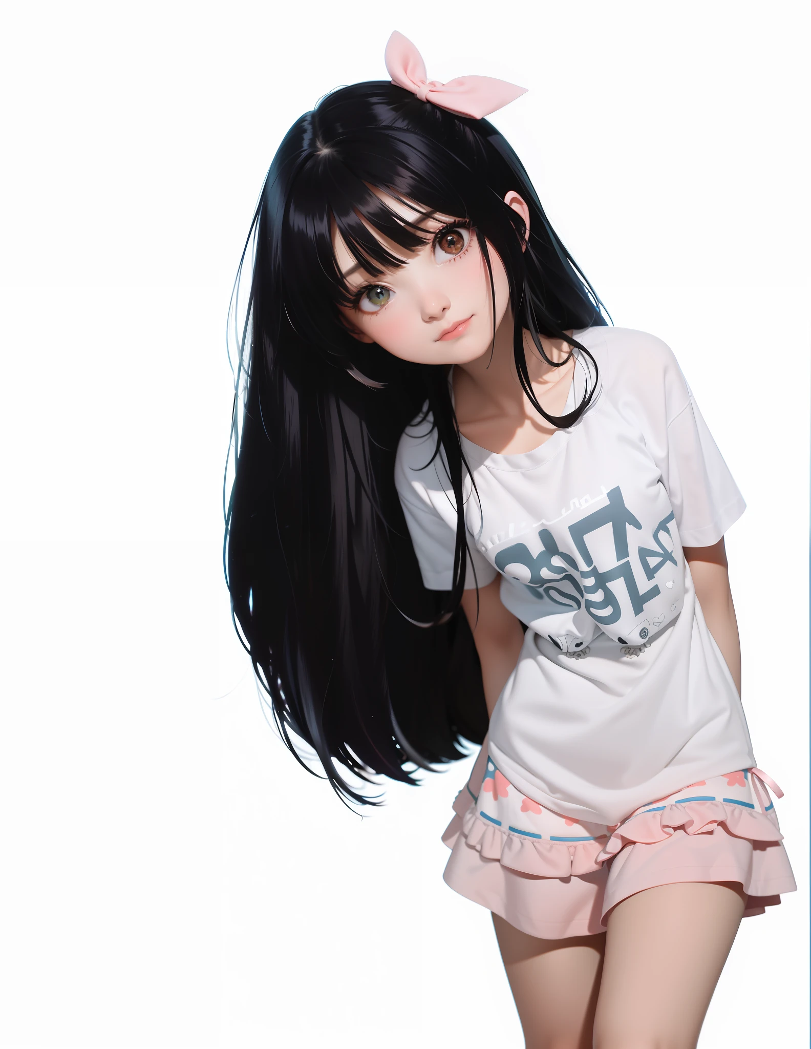 One painting of a girl with black hair and a pink bow, a girl with black hair, a girl with long hair, she has black hair, anime girl with long hair, straight black hair, long black hair, anime style, black hair and big eyes, long black hair, she has black hair bangs, anime style, long black hair, questioning smile, light green dress