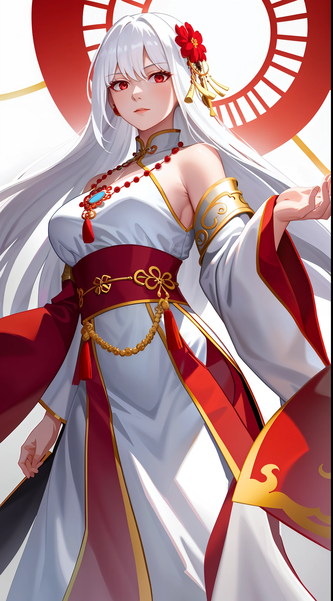 1girl, mature woman, immortal, goddess, chinese clothes, white clothes, bare shoulders, red eyes, necklace, white hair, long hair, hair ornaments, (masterpiece:1.2), (best quality:1.2), godlike, divine, (from below, angle view), detailed background, cowboy shot,