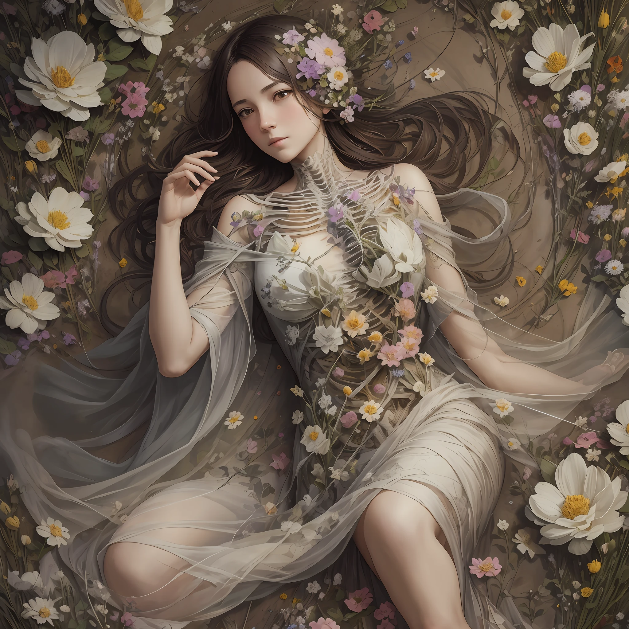 full length portrait matte painting of [skeleton:flowers:30]| laying in the ground| with a circle of flowers around| symmetry| masterpiece| highly detailed| intricate| digital art| soft lighting| by Ruan Jia and Mandy Jurgens --auto --s2