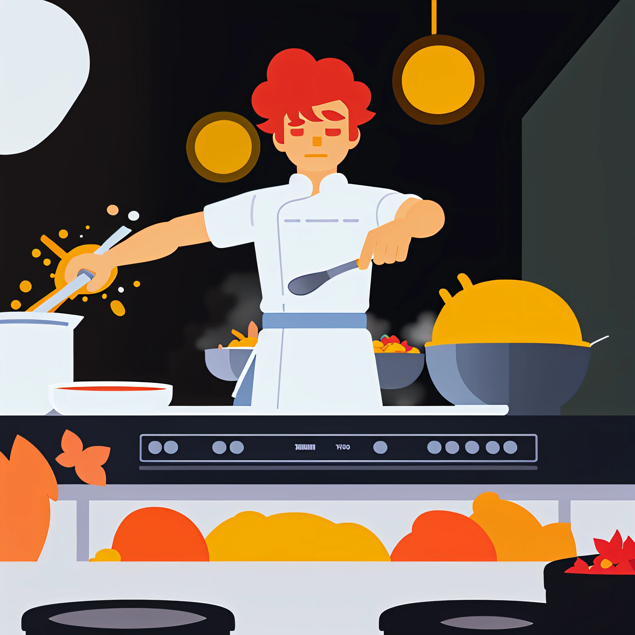 A chef cooking in the kitchen, flat illustration, UI illustration, GUI, minimalism, bright color scheme