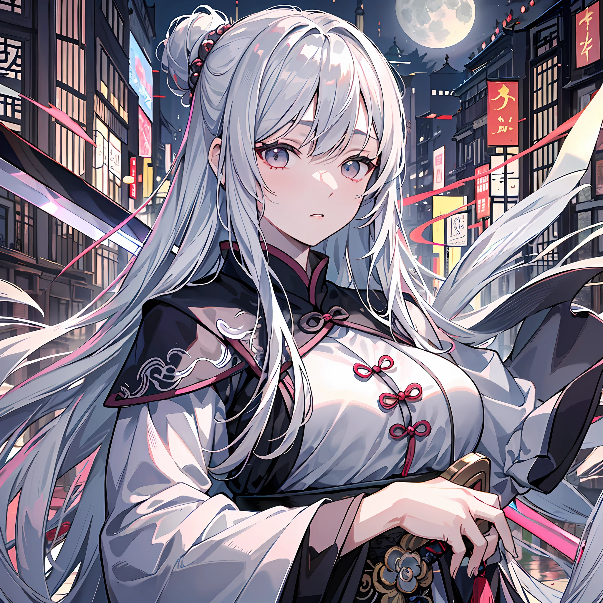 Masterpiece, Best, Night, Full Moon, 1 Female, Mature Woman, Chinese Style, Ancient China, Elder Sister, Royal Sister, Cold Face, Expressionless, Silver White Long Haired Woman, Light Pink Lips, Calm, Intellectual, Three Bangs, Gray Hitomi, Assassin, Long Sword, Swordsman, Fighting, Street View, Facial Details,
