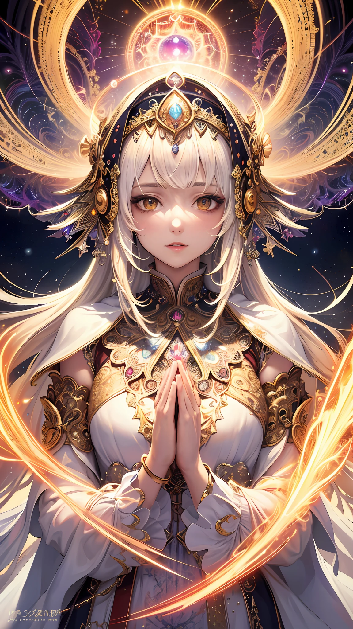 (masterpiece, top quality, best quality, official art, beautiful and aesthetic:1.2), (1girl), extreme detailed, (fractal art:1.3), colorful, highest detailed, perfect face, upper body, HDR, (praying:1.3), (white cloak golden lines:1.2), galaxy, (light streaks), striking visuals, (dynamic streaks, luminous trails:1.2), vibrant colors,