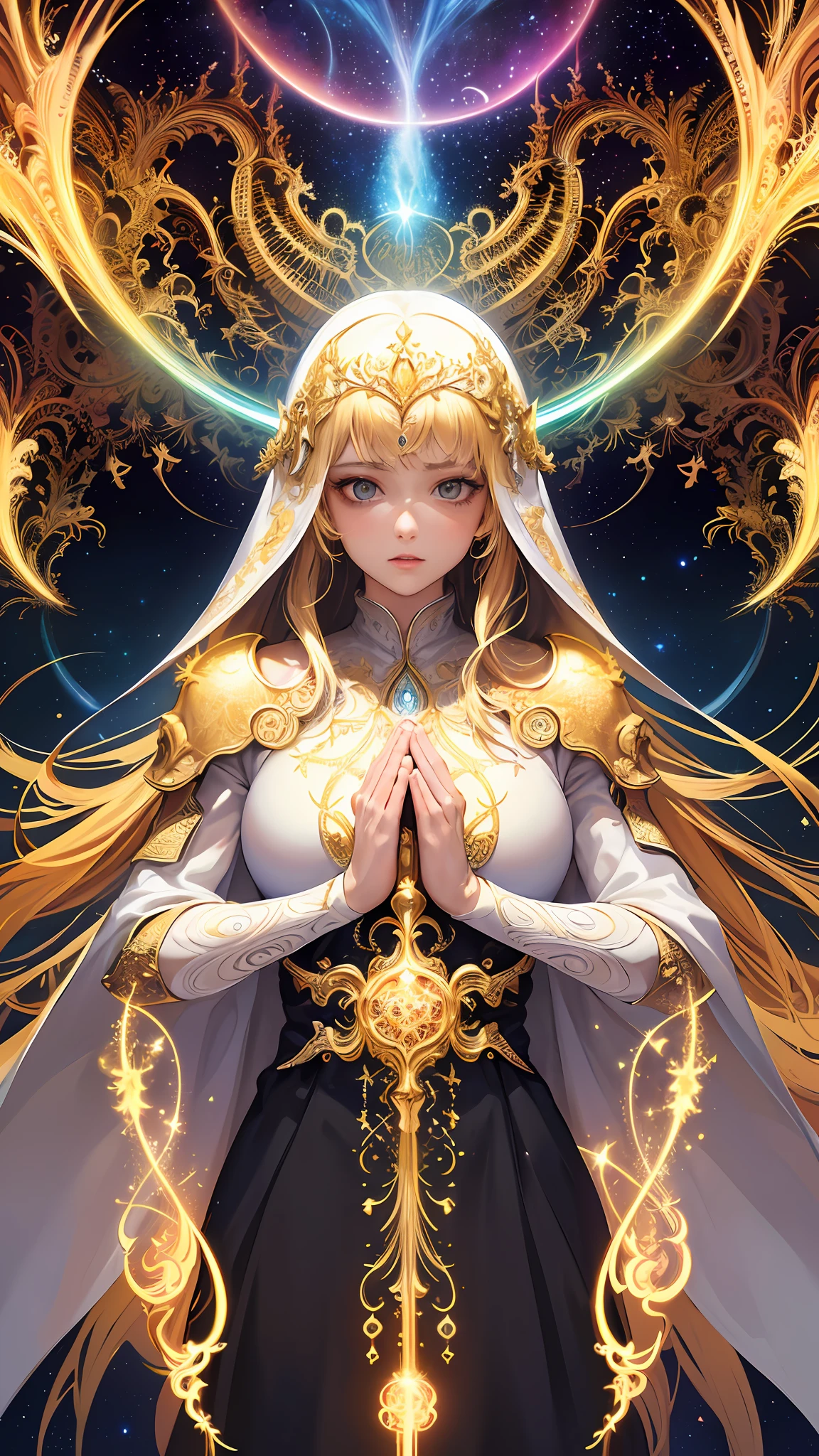(masterpiece, top quality, best quality, official art, beautiful and aesthetic:1.2), (1girl), extreme detailed, (fractal art:1.3), colorful, highest detailed, perfect face, upper body, HDR, (praying:1.3), (white cloak golden lines:1.2), galaxy, (light streaks), striking visuals, (dynamic streaks, luminous trails:1.2), vibrant colors,