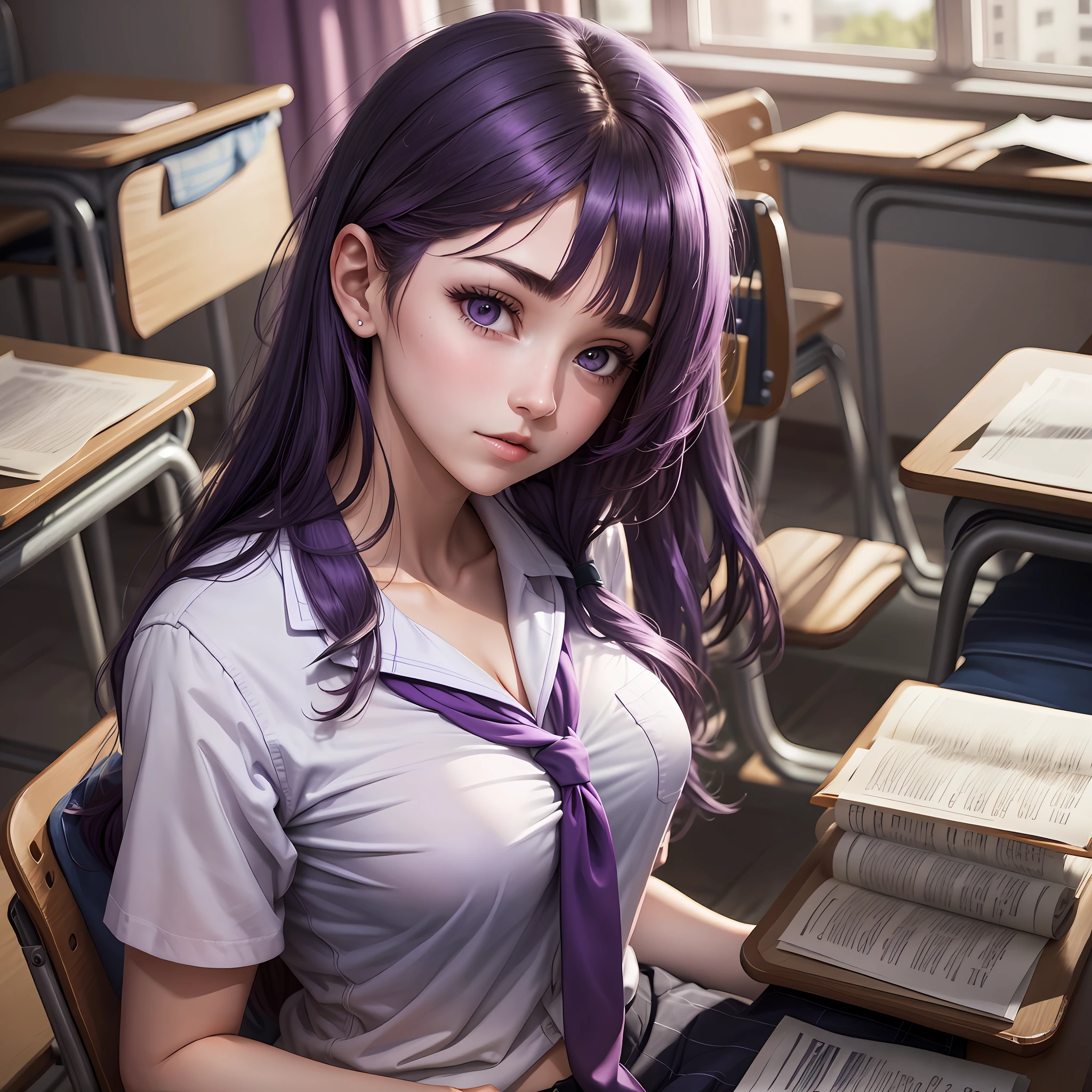 Woman, medium breasts, high school clothes, inside the classroom, purple hair, black eyes