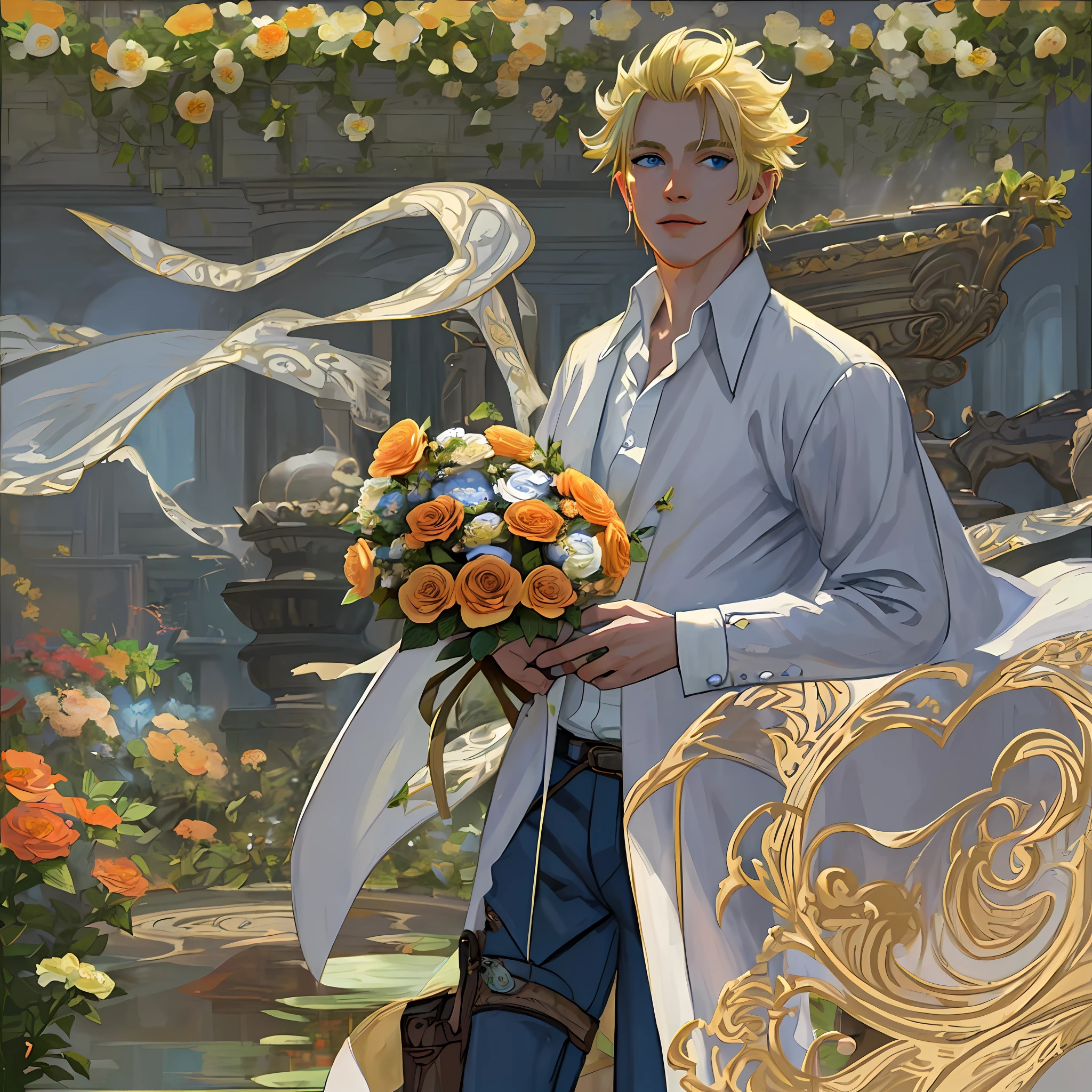 ((((masterpiece)))), (best quality), ((Hyper detailed)), ((High detail)), ((Exquisite detail)), (1 boy), (solo), (cowboy shot), (looking at viewer),((outside)), (((antique))), ((palace)), ((garden)), ((fountain)),
(flower), ((mature male)),((victorian outfit)), ((tall and muscular)), ((whiskermark)), uzumaki naruto, ((blonde hair)), detailed lips, (((prince))), ((blue eyes)), (nobility) , ((long pants)), smile, (((holding flower bouquet)))