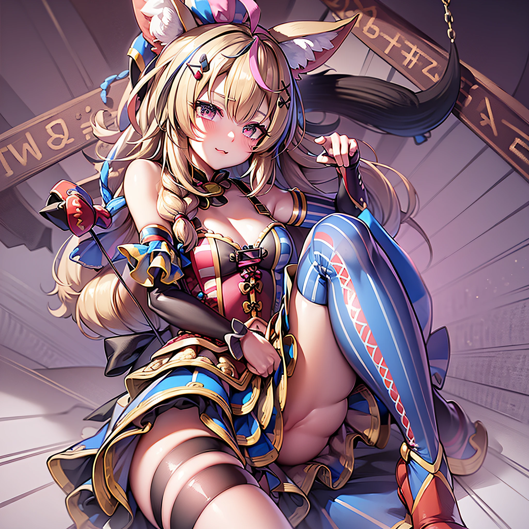 highly detailed, extremely detailed 8K wallpaper, extremely detailed cg unity 8k wallpaper, masterpiece, best quality, ultra-detailed, (nsfw:1.1), OP1, animal ears, hairpins, striped hair, hair knots, clown hat, fox tail, thighs, navel cutouts , mismatched legs, elbow gloves, single glove, bare shoulders, vertical stripes, skirt