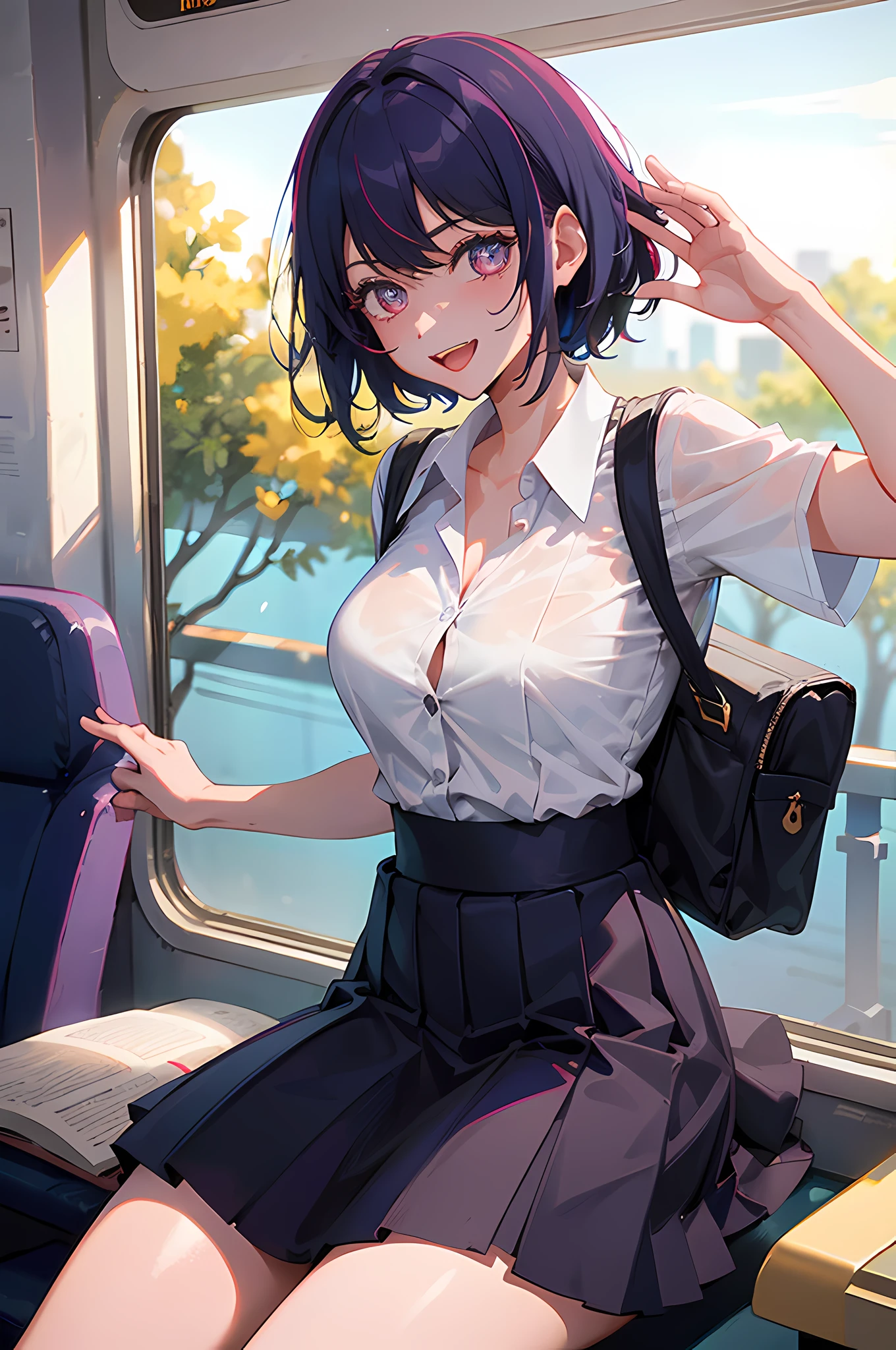 Top Quality, 8k, High Definition, Surreal Schoolgirl, Solo, (Very Short Hair), 1 Girl, (Skin Dent), (Professional Lighting, Bokeh), (Saggy Eyes), Big, Cleavage, Watch Viewer, Uniform, White Shirt, Check Skirt, Thighs, Evening, Backlit, Sitting on a train, Train seat, (Look into the camera), Ridiculous, Incredibly ridiculous, (( Dynamic pose))), shy laugh, in love with the opponent, open legs