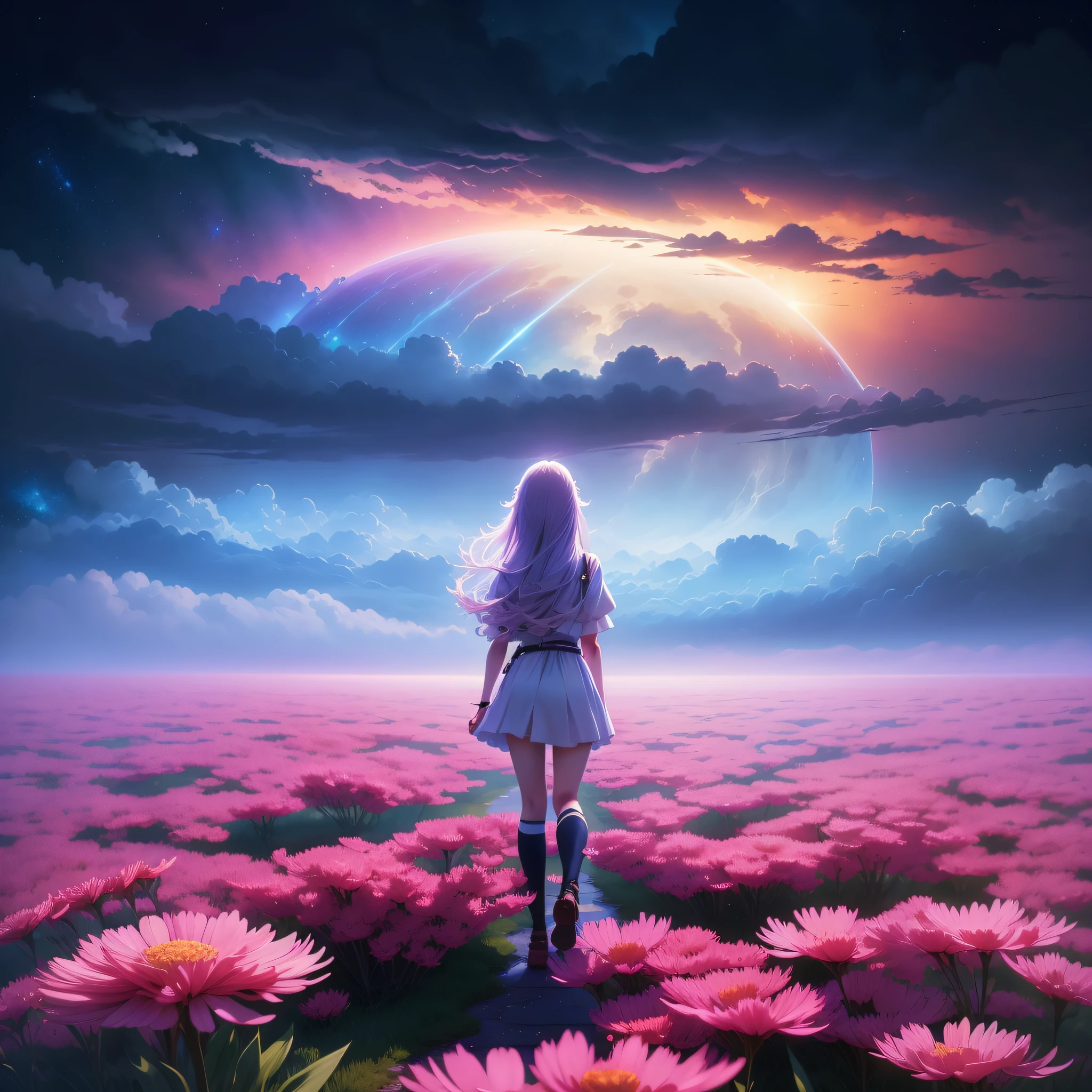 anime girl walking on a path towards a beautiful sky with a star, she is approaching heaven, sitting on the cosmic cloudscape, girl looks at the space, dreamlike digital painting, makoto shinkai cyril rolando, cosmic skies. by makoto shinkai, endless cosmos in the background, lost in a dreamy fairy landscape, girl clouds, dreamlike atmosphere --auto --s2