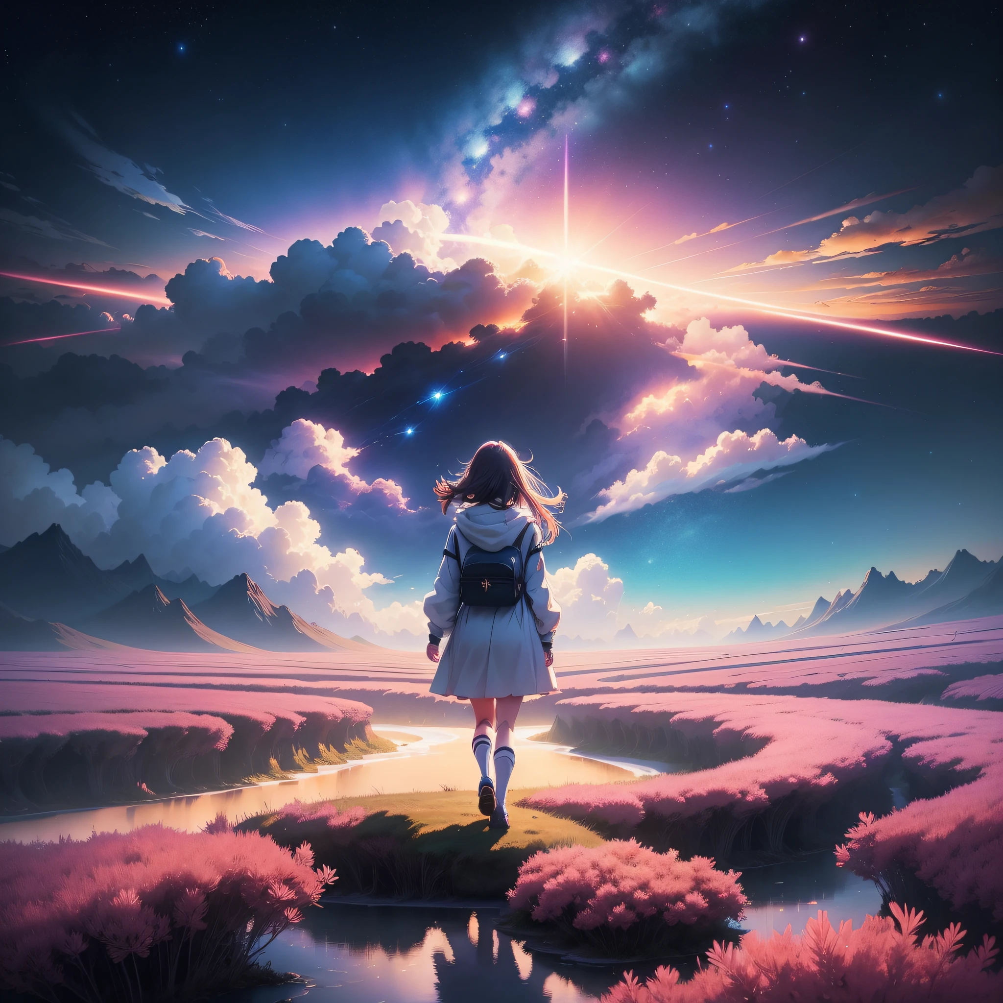 anime girl walking on a path towards a beautiful sky with a star, she is approaching heaven, sitting on the cosmic cloudscape, girl looks at the space, dreamlike digital painting, makoto shinkai cyril rolando, cosmic skies. by makoto shinkai, endless cosmos in the background, lost in a dreamy fairy landscape, girl clouds, dreamlike atmosphere --auto --s2