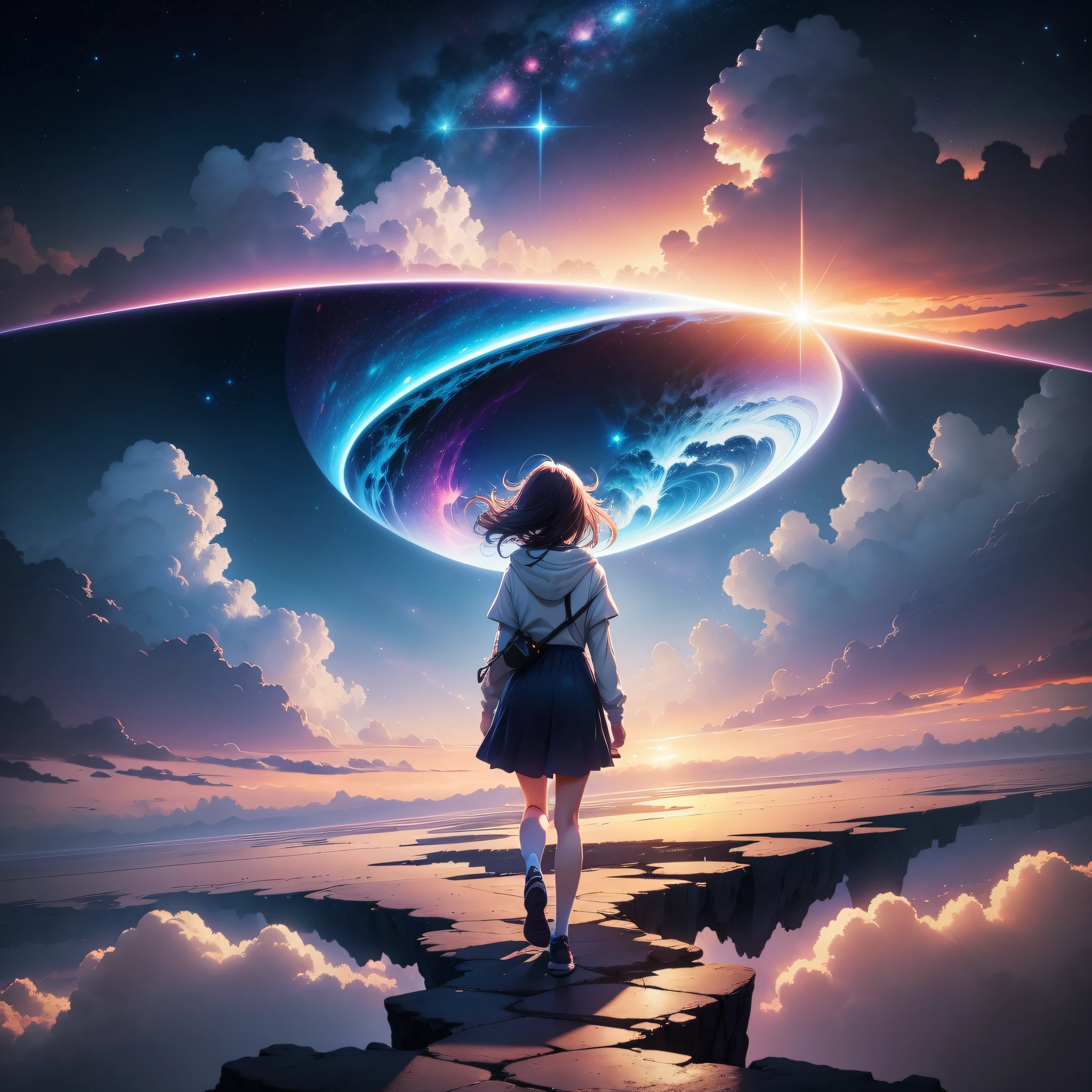 anime girl walking on a path towards a beautiful sky with a star, she is approaching heaven, sitting on the cosmic cloudscape, girl looks at the space, dreamlike digital painting, makoto shinkai cyril rolando, cosmic skies. by makoto shinkai, endless cosmos in the background, lost in a dreamy fairy landscape, girl clouds, dreamlike atmosphere --auto --s2