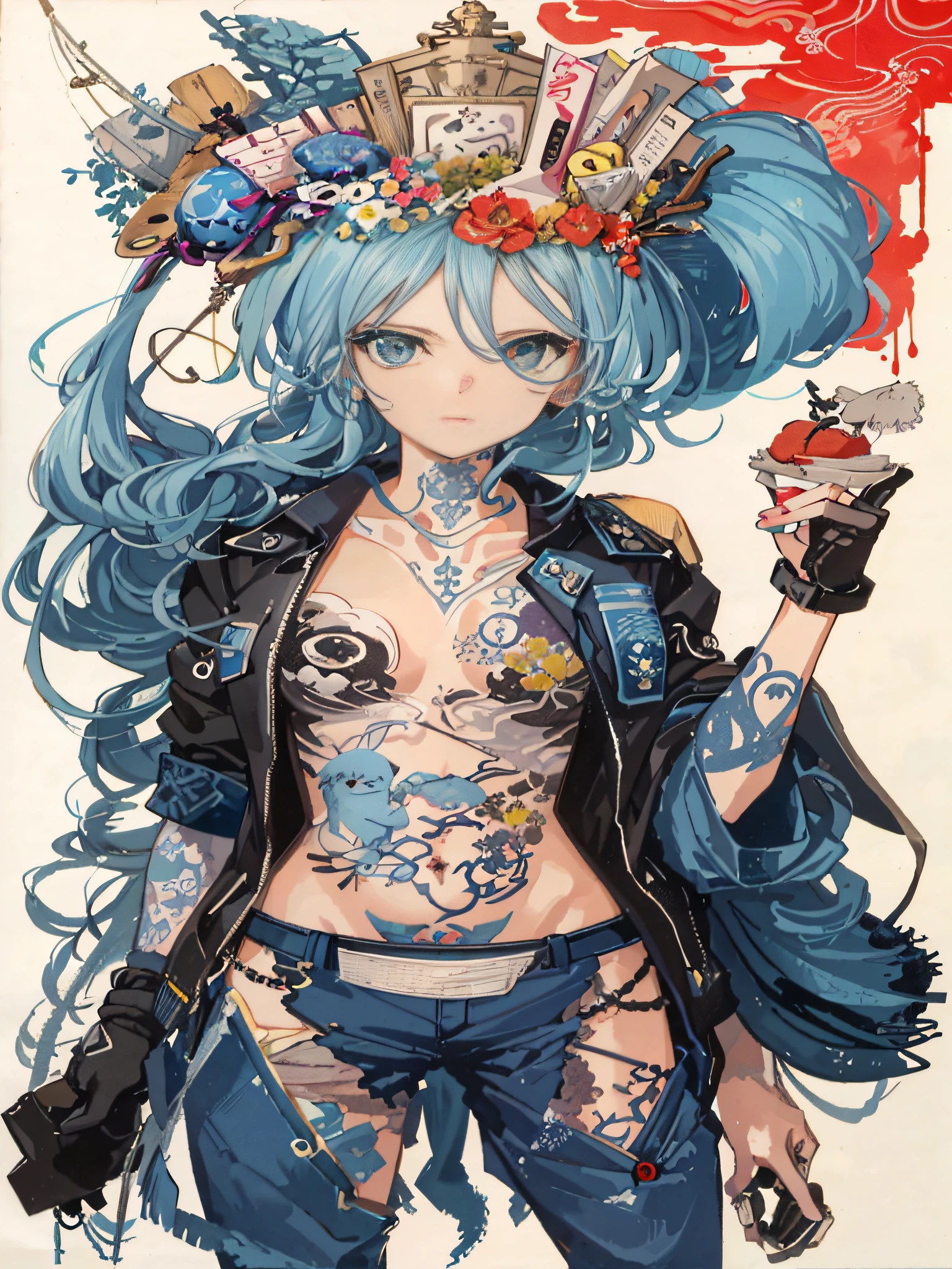 Ultra-high definition 2D art, close-up (1 woman), light blue hair, 2D animation style, soft and delicate depiction, attention also on her full-body tattoos (full-body art), landscape mode, masterpieces by Guweiz and James Jean, tattoo expert designs by CGSCOSITY, etc. A beautiful blue-haired girl who became a hot topic at the trend art station of Japan.