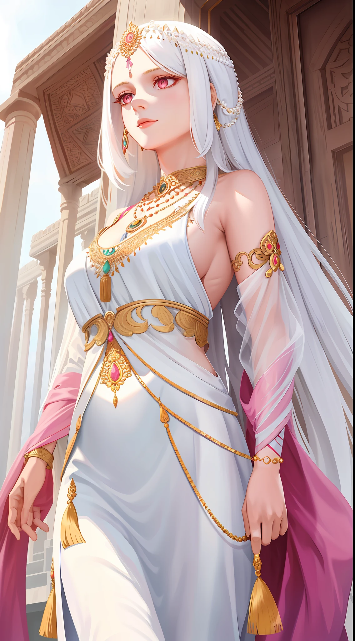 1girl, mature woman, immortal, goddess, india clothes, white clothes, bare shoulders, pink eyes, necklace, white hair, long hair, hair ornaments, (masterpiece:1.2), (best quality:1.2), godlike, divine, (from below, angle view), detailed background, cowboy shot,