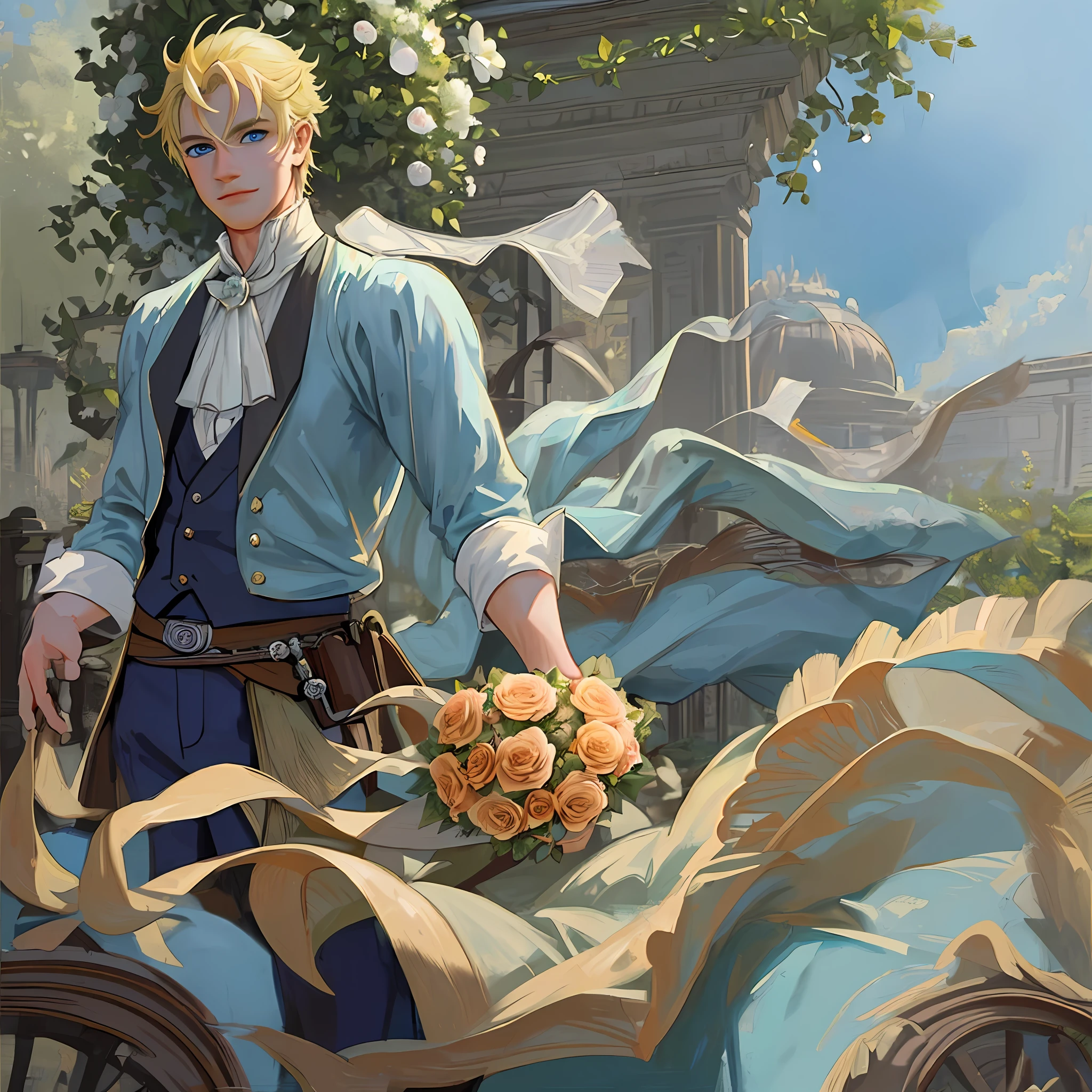 ((((masterpiece)))), (best quality), ((Hyper detailed)), ((High detail)), ((Exquisite detail)), (1 boy), (solo), (cowboy shot), (looking at viewer),((outside)), (((antique))), ((palace)), ((garden)), ((fountain)),
(flower), ((mature male)),((victorian outfit)), ((tall and muscular)), ((whiskermark)), uzumaki naruto, ((blonde hair)), detailed lips, (((prince))), ((blue eyes)), (nobility) , ((long pants)), smile, (((holding flower bouquet)))