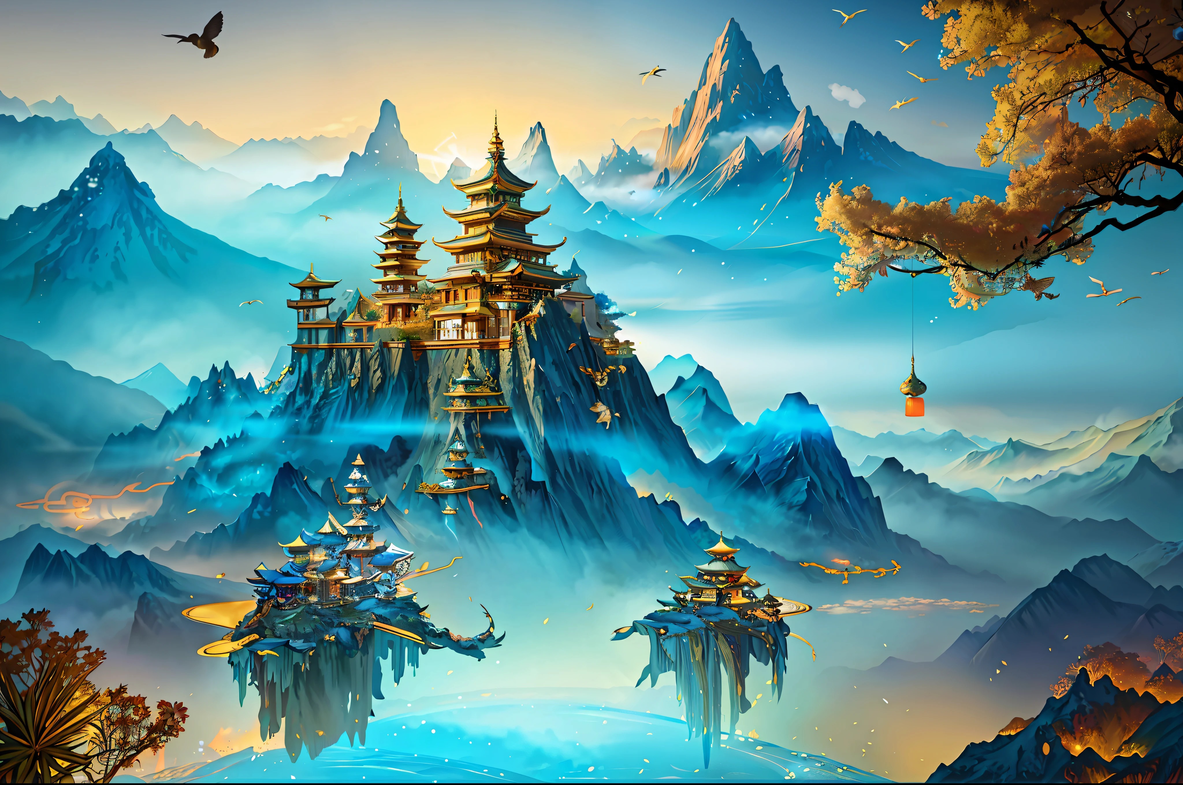 an image of an asian landscape with mountains and birds in the air, in the style of fantastical otherworldly visions, light cyan and gold, intricately mapped worlds, hyperrealistic illustrations, romanticized cityscapes, detailed character illustrations, organic shapes and curved lines, --v6