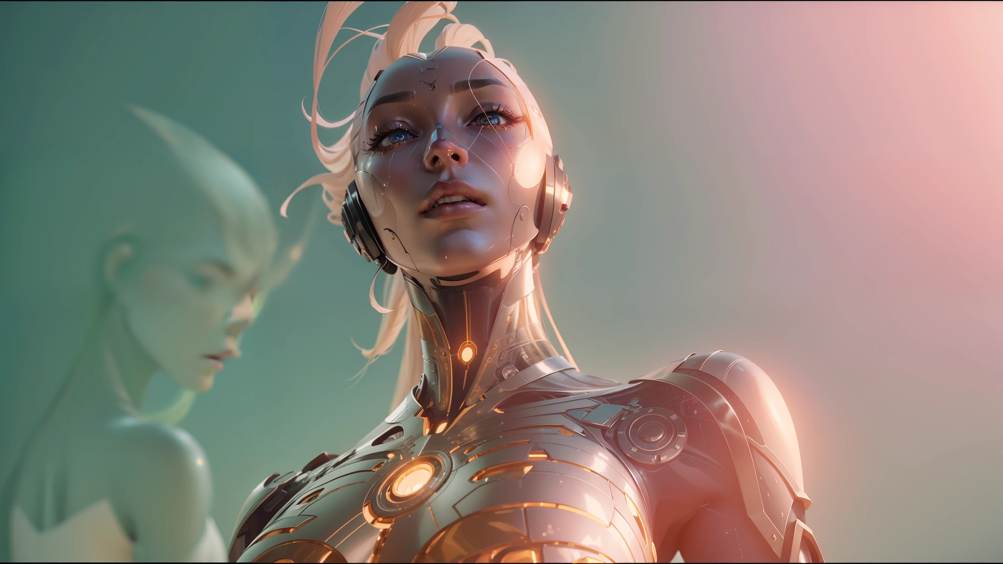 arafed woman with a shiny body and head and neck, still from alita, cyborg goddess in cosmos, ash thorp, love death + robots, beautiful android woman, moebius and android jones, unreal engine render + a goddess, gynoid body, cinematic still in adam | unity, film still from movie dune-2021, cgsociety 9 --auto --s2